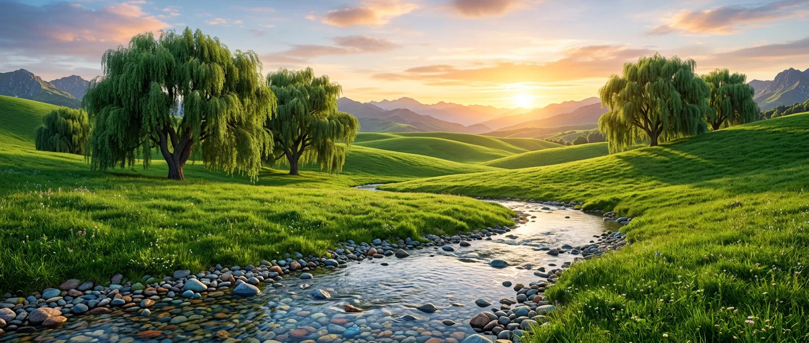 Green Hills and a Stream at Sunrise