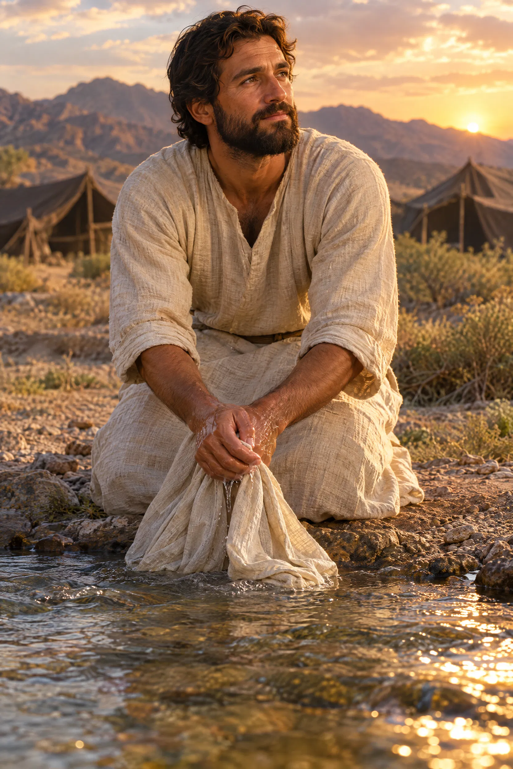 Man Washes His Clothes in a Stream