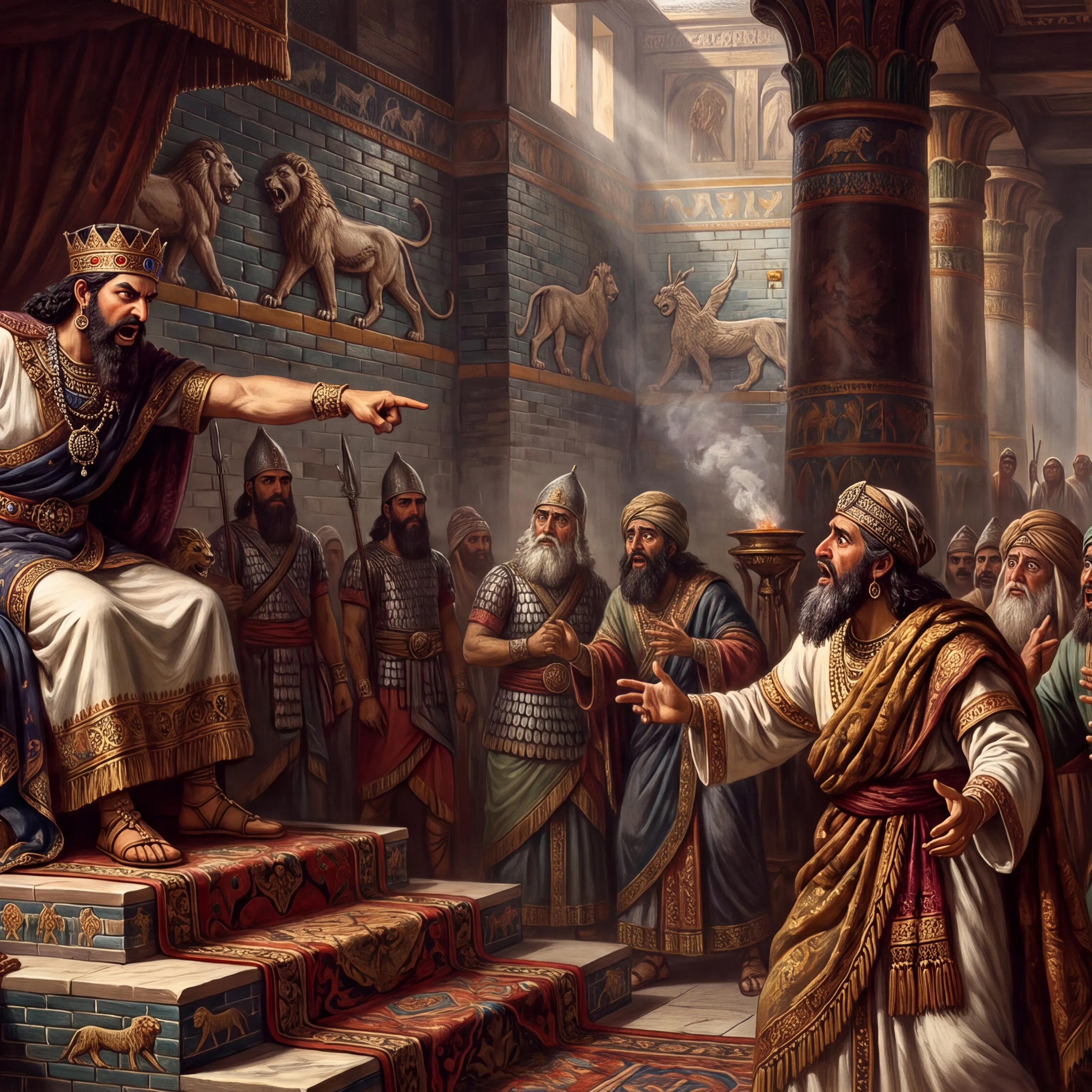 Babylonian King Points in Anger at Men Before His Throne
