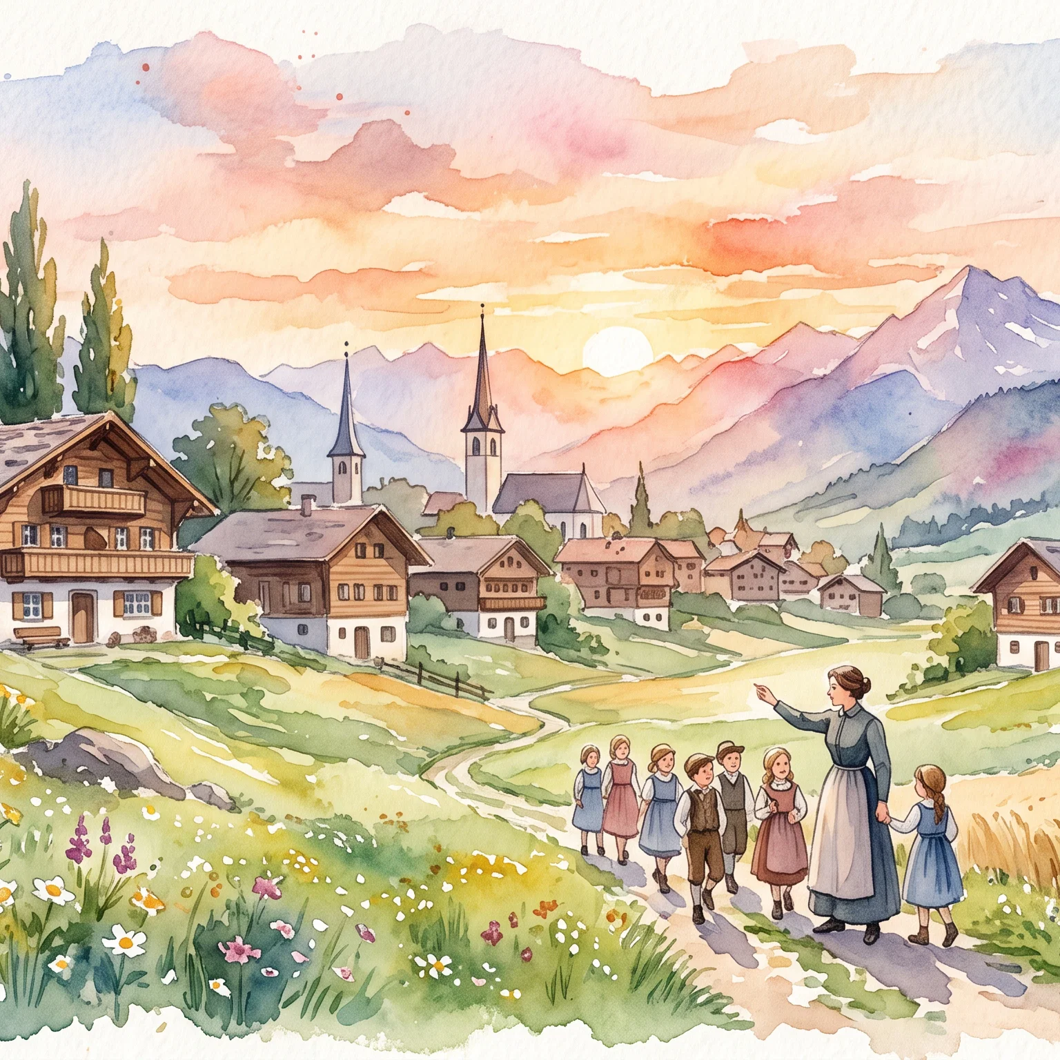 Golden Alpine Sunset Over Village