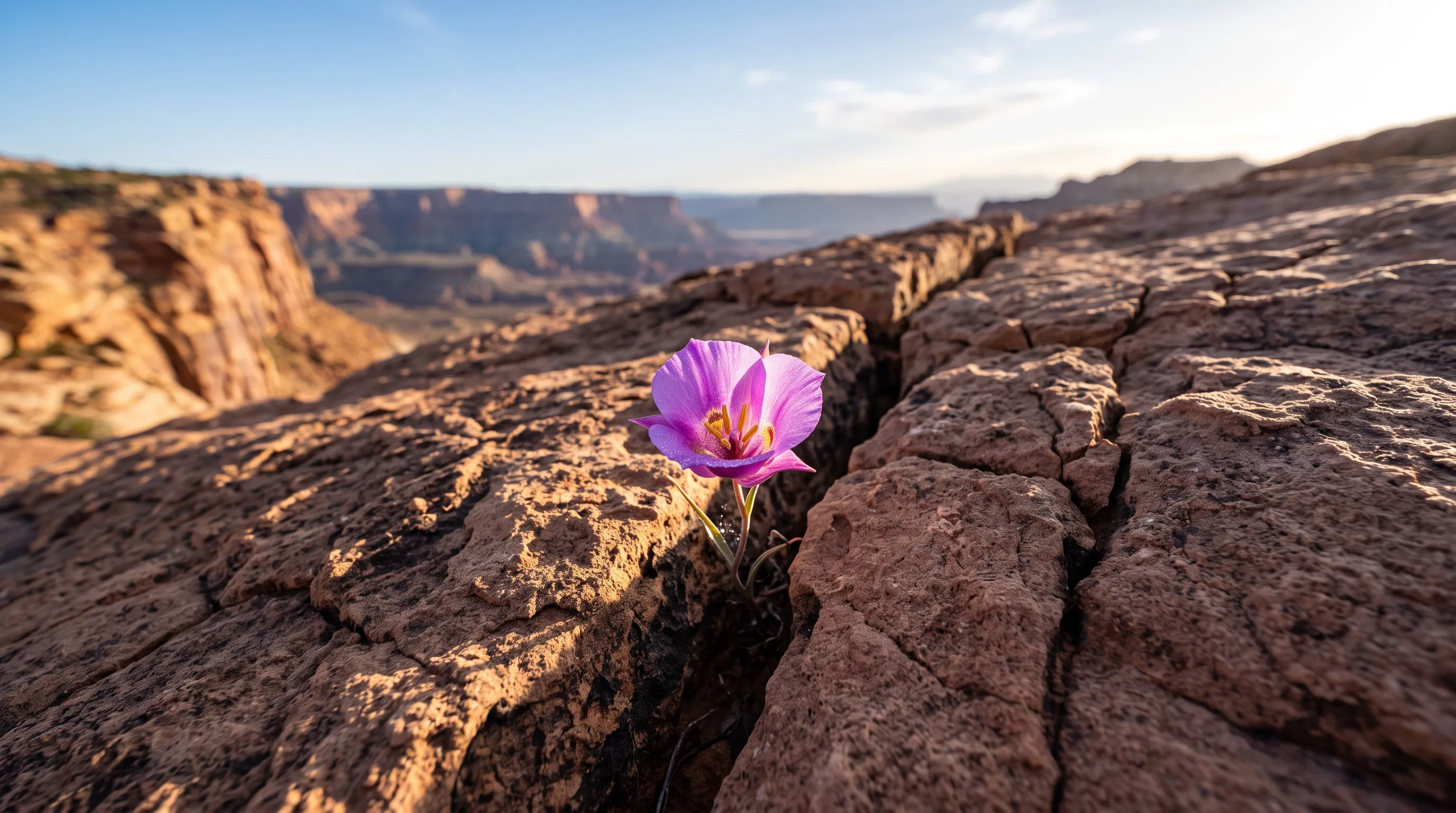 Purple Wildflower Growing Out of Canyon Rock