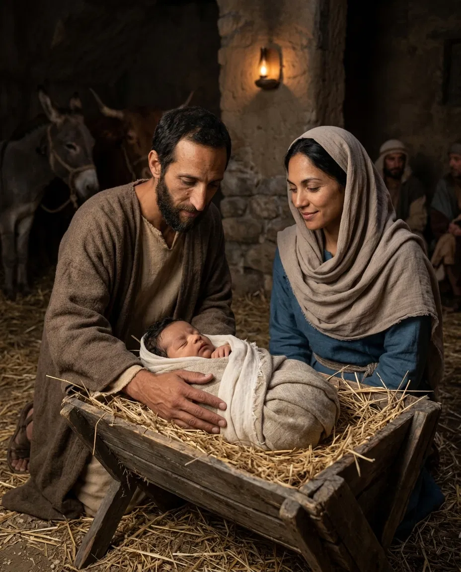 Joseph and Mary Beside the Newborn Jesus in the Manger