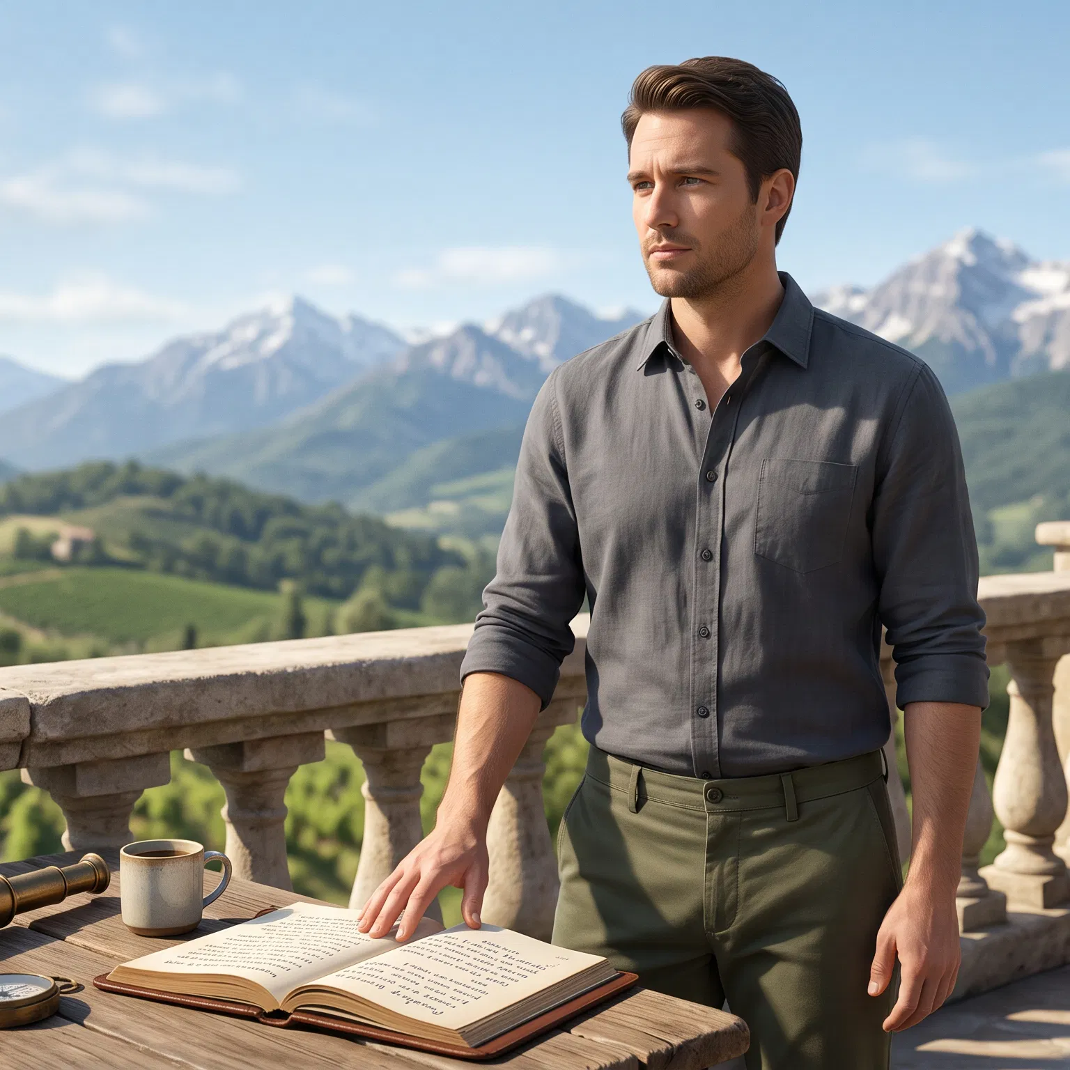 Man Reflecting Over an Open Bible on a Terrace