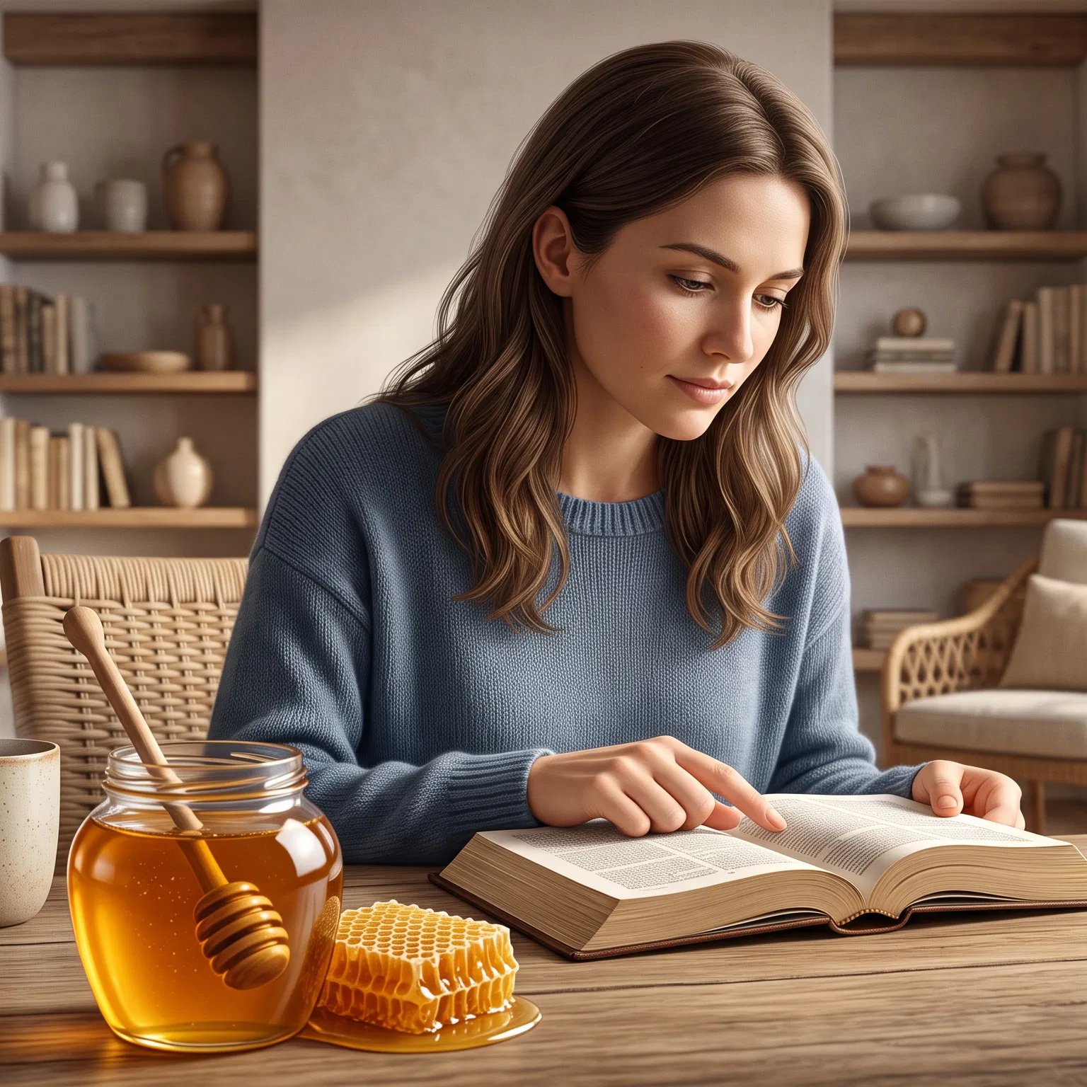 Woman Reading the Bible Beside Honey and Gold