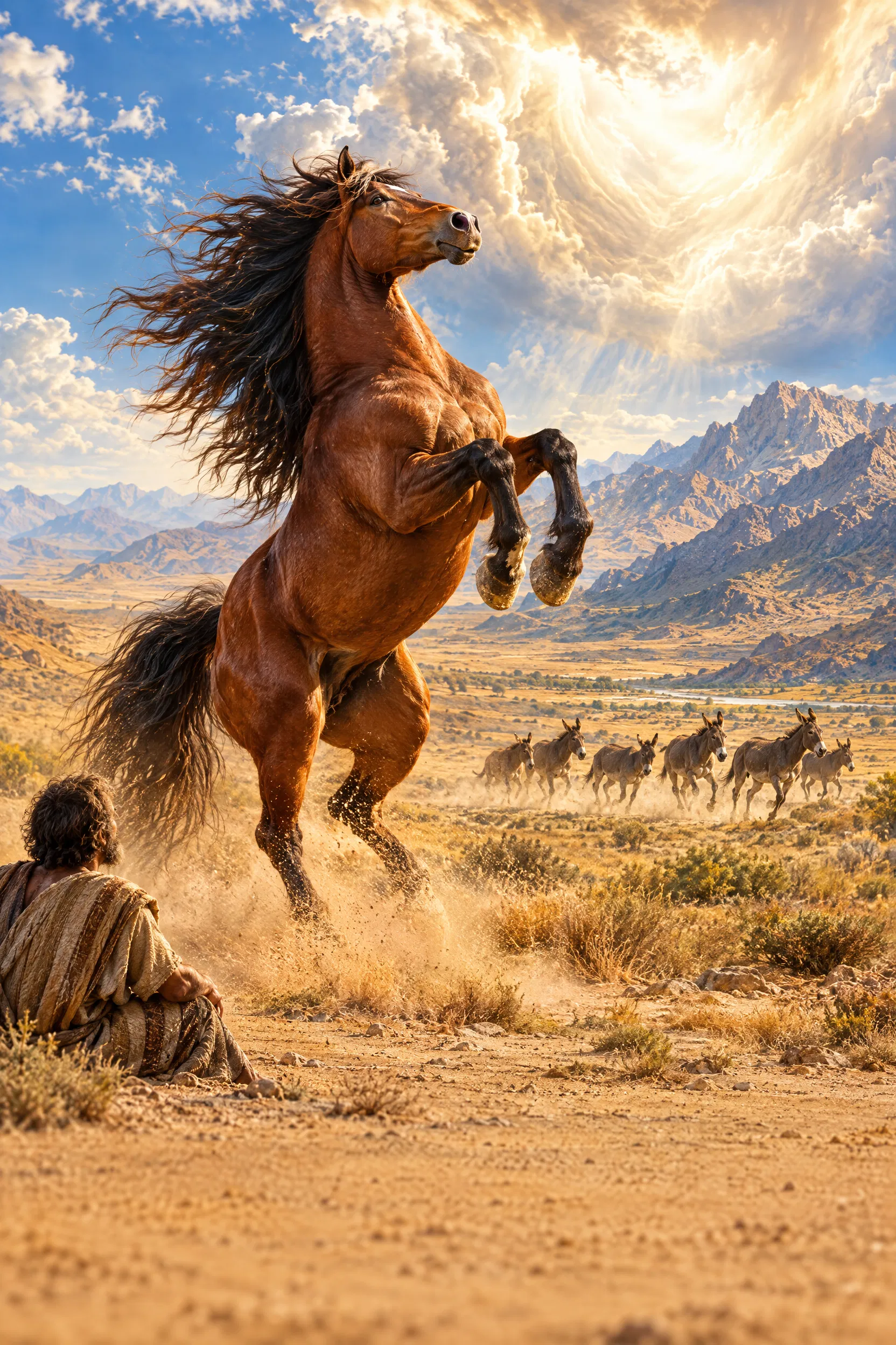 A Rearing War Horse and Wild Donkeys in the Desert