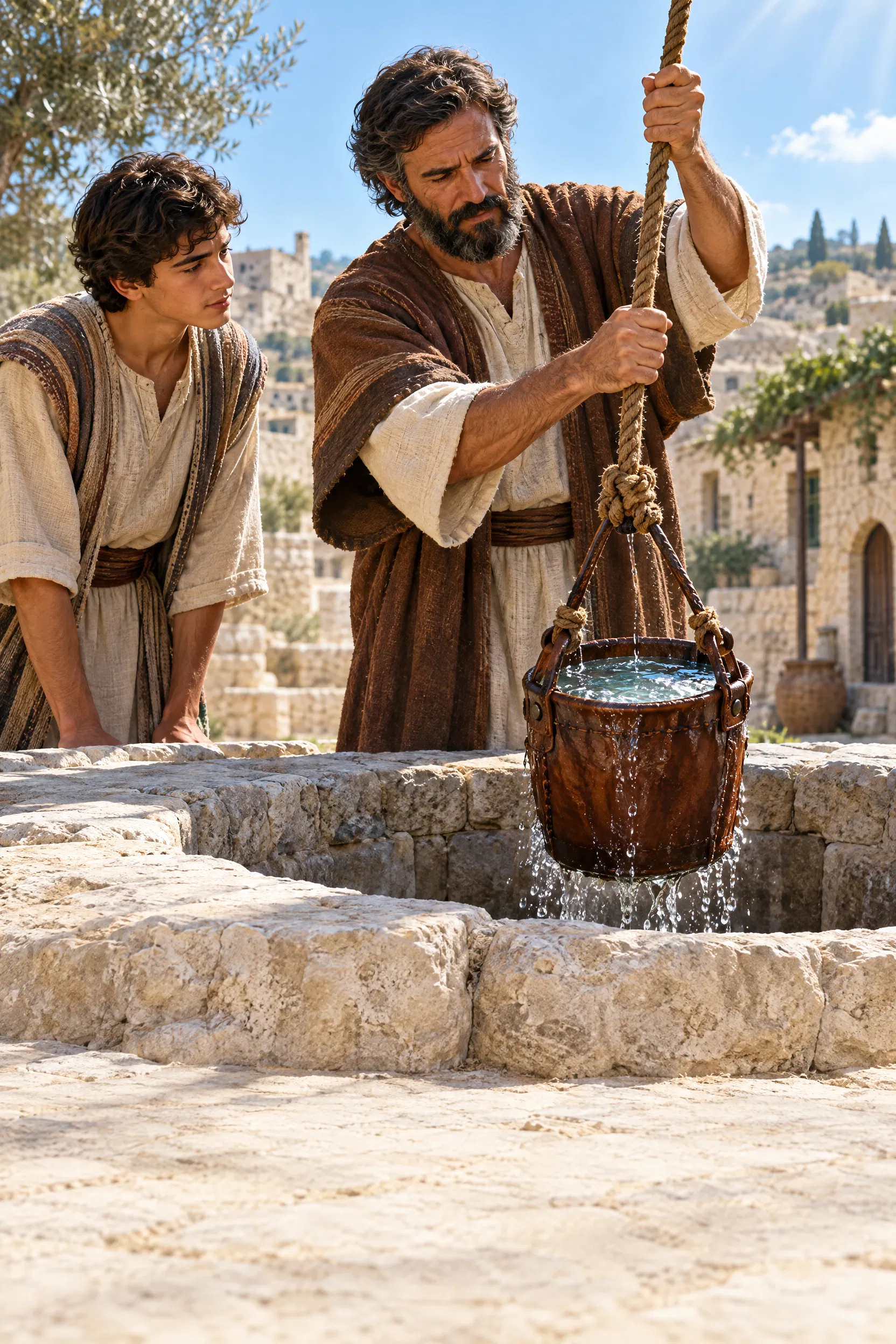 Man Draws a Bucket of Water from a Well