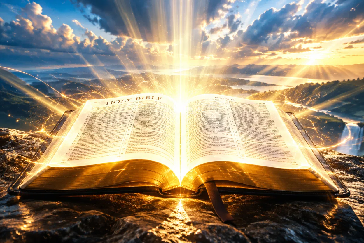 Open Bible Glowing on a Mountaintop