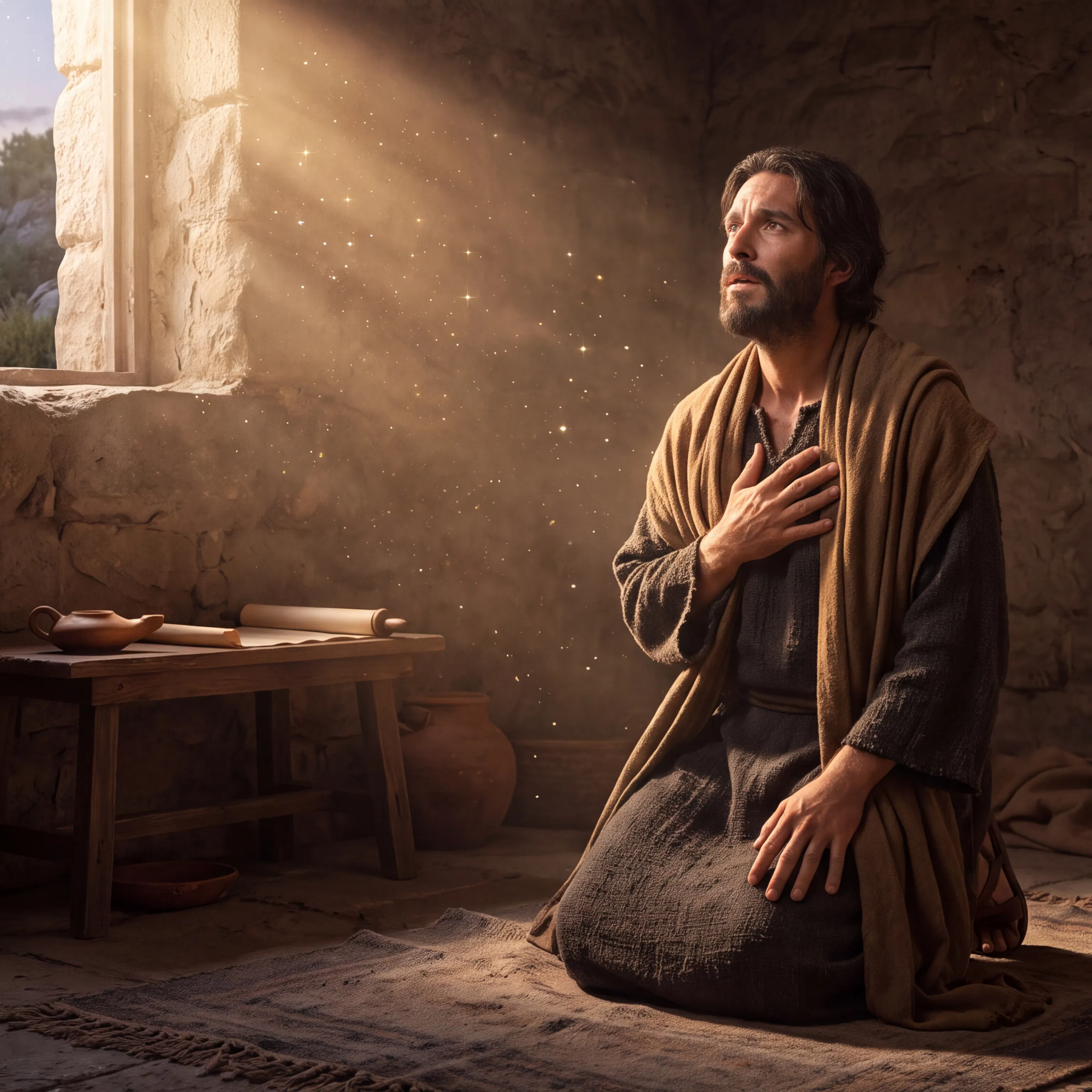 Man Kneels in Prayer in a Stone Room