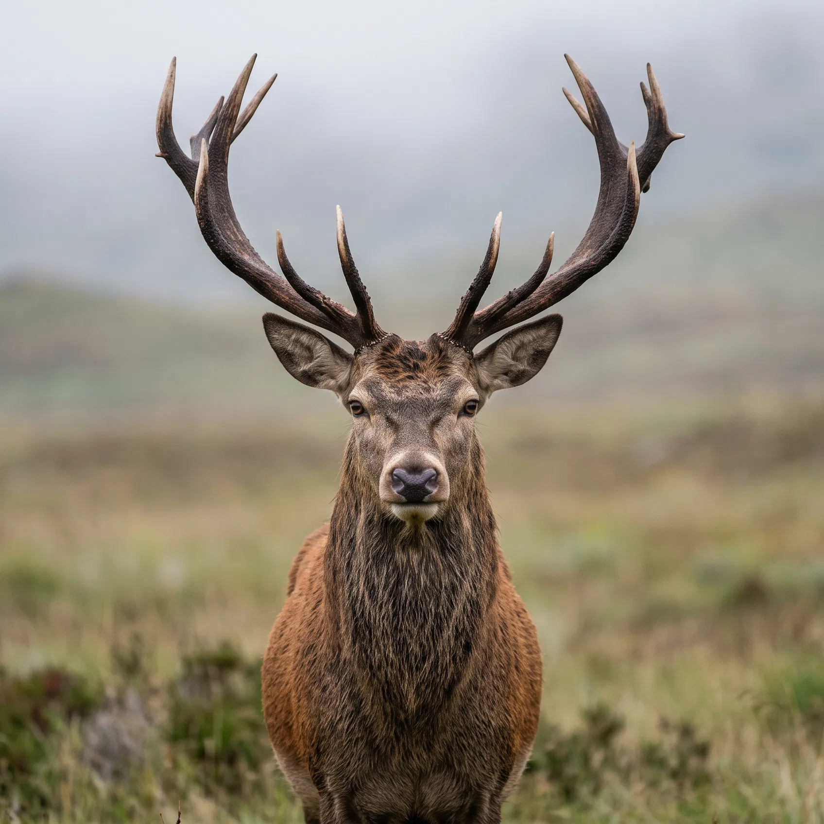 Red Stag Standing in a Misty Meadow