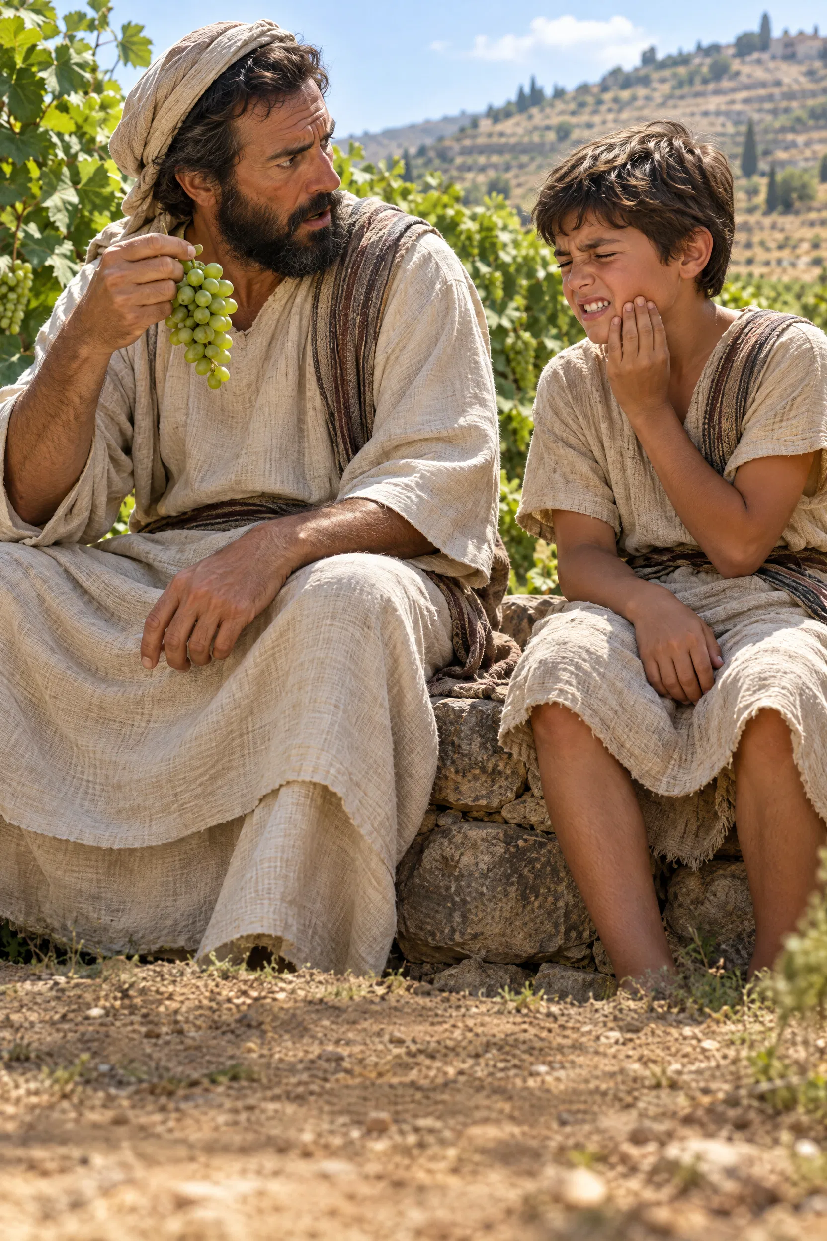 A Father Eats Sour Grapes While His Son Winces