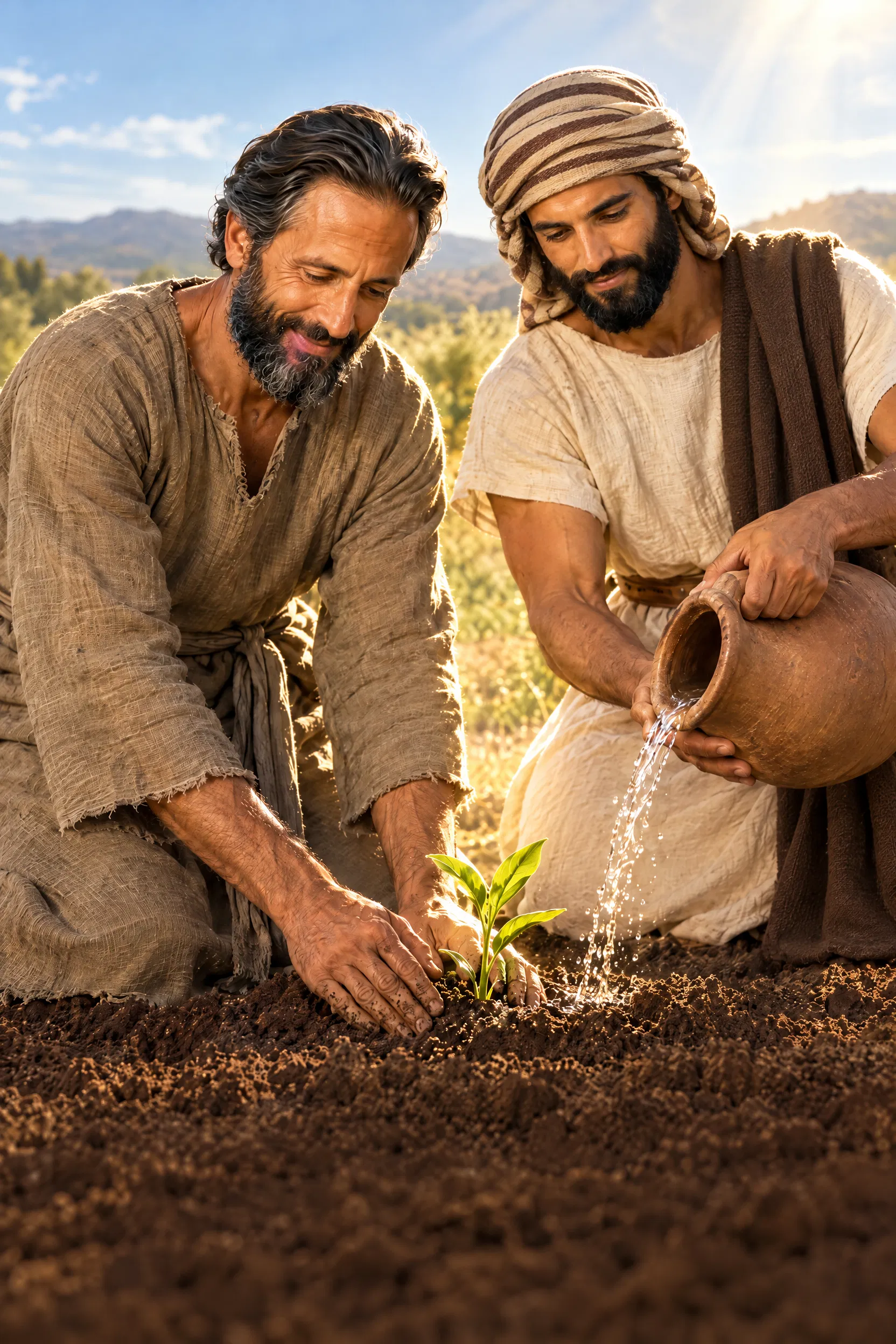Two Men Plant and Water a Young Plant