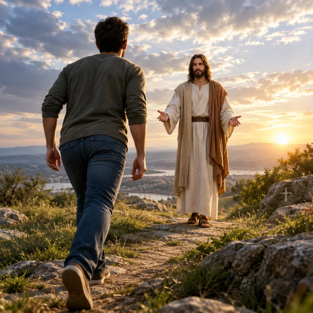 Jesus Welcomes a Man on a Hilltop Path