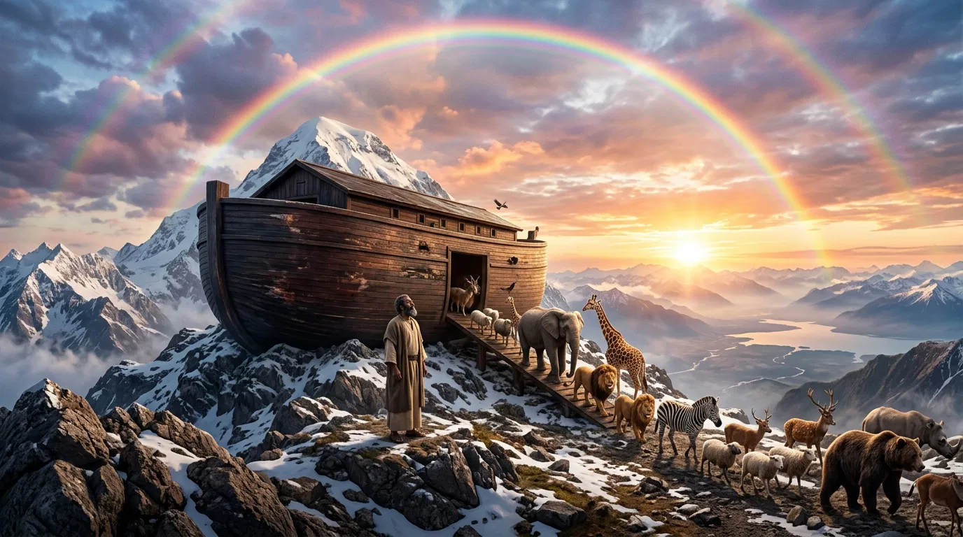 Noah Looks Up Beside the Ark on the Mountain