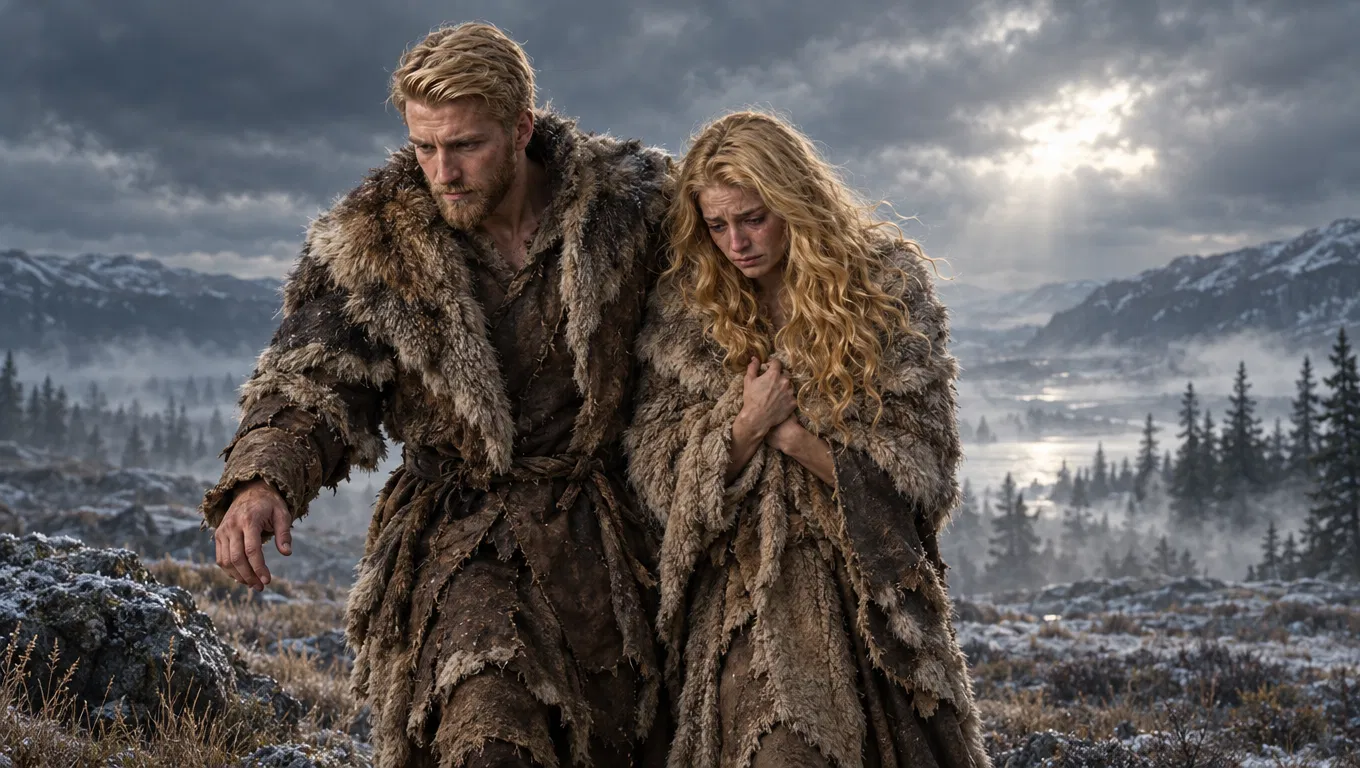 Adam and Eve in Fur Clothing Under a Dark Sky