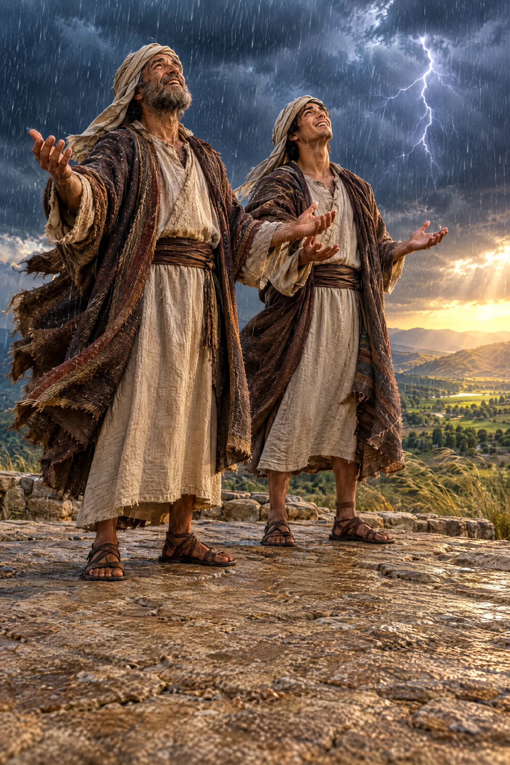 A Farmer and His Son Rejoice in the First Rain