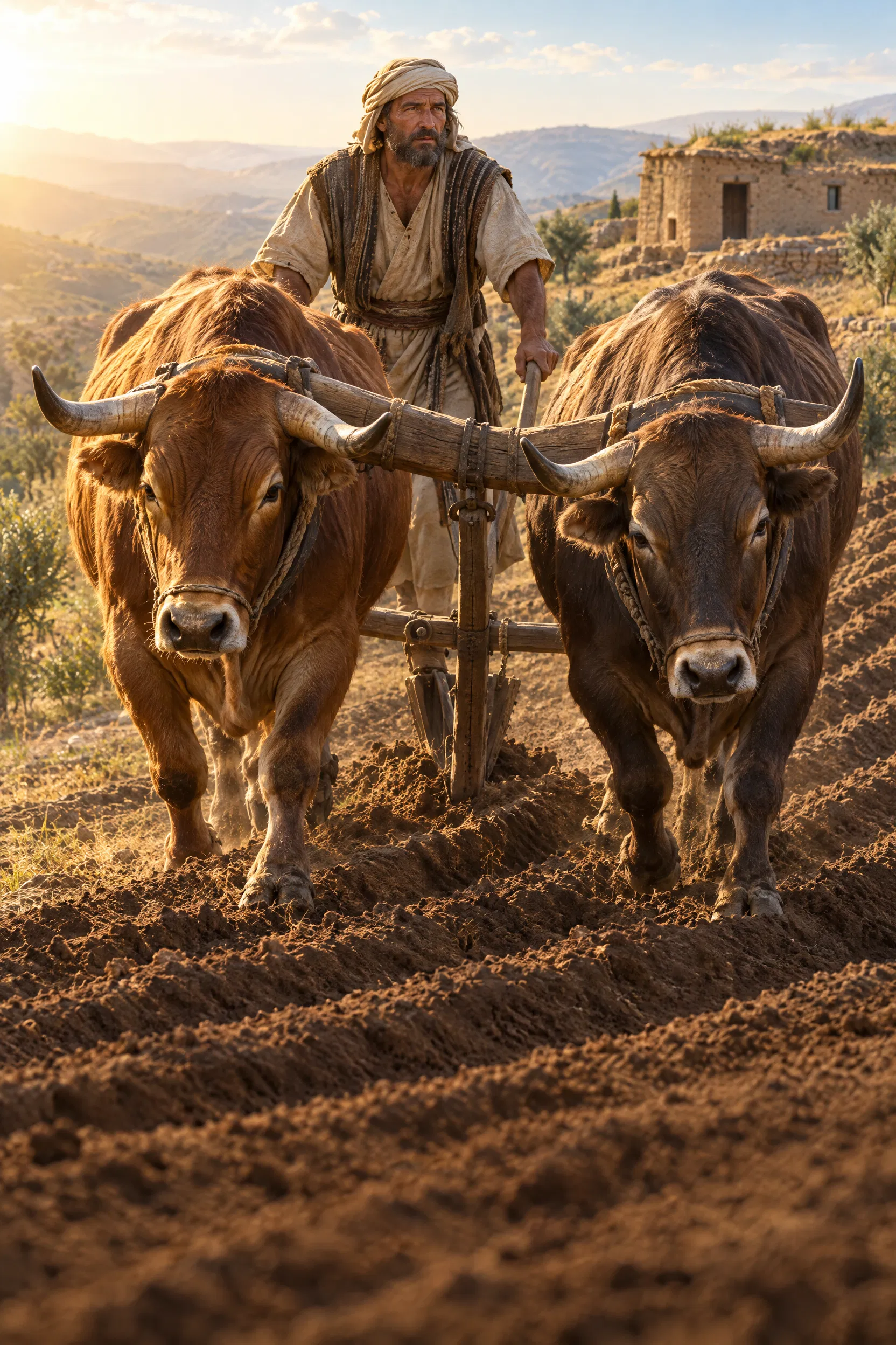 An Israelite Plowing Long Furrows with Oxen