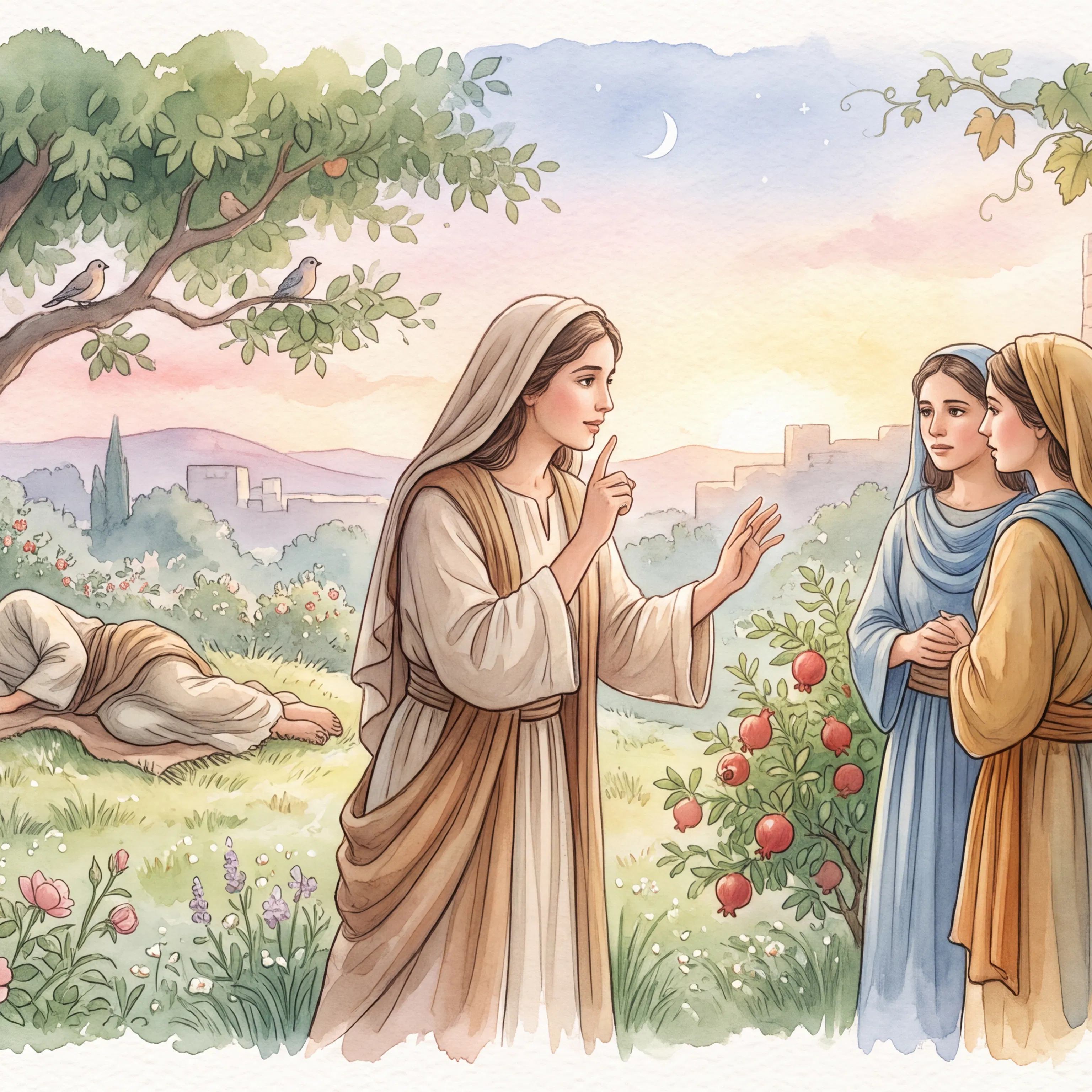 Woman Gestures for Quiet Beside Sleeping Man in Garden