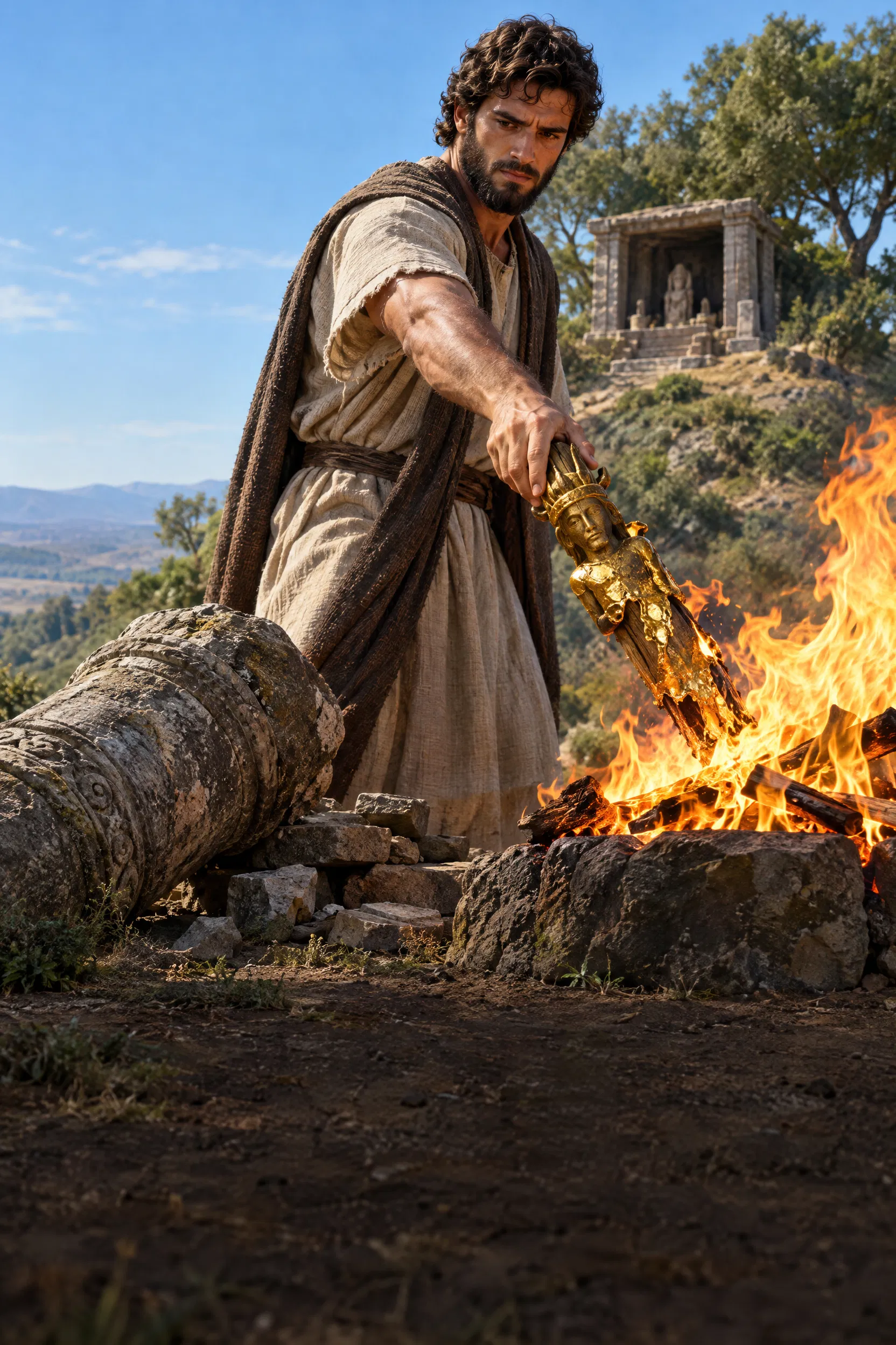 Man Burns a Carved Idol in a Fire