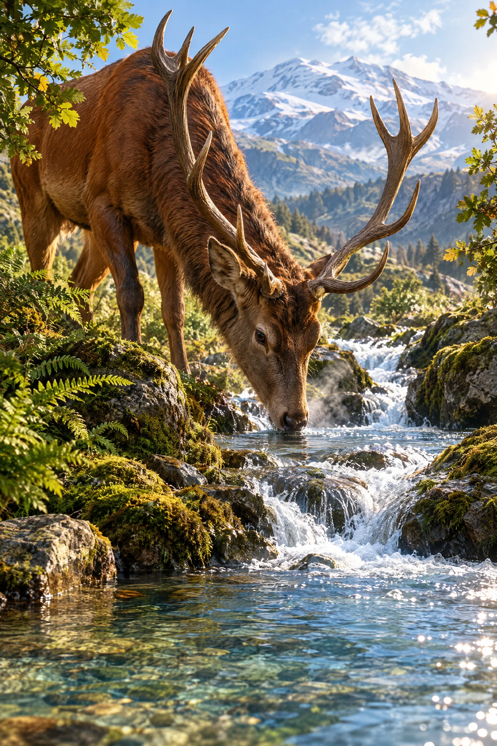 A Stag Drinks from a Mountain Stream