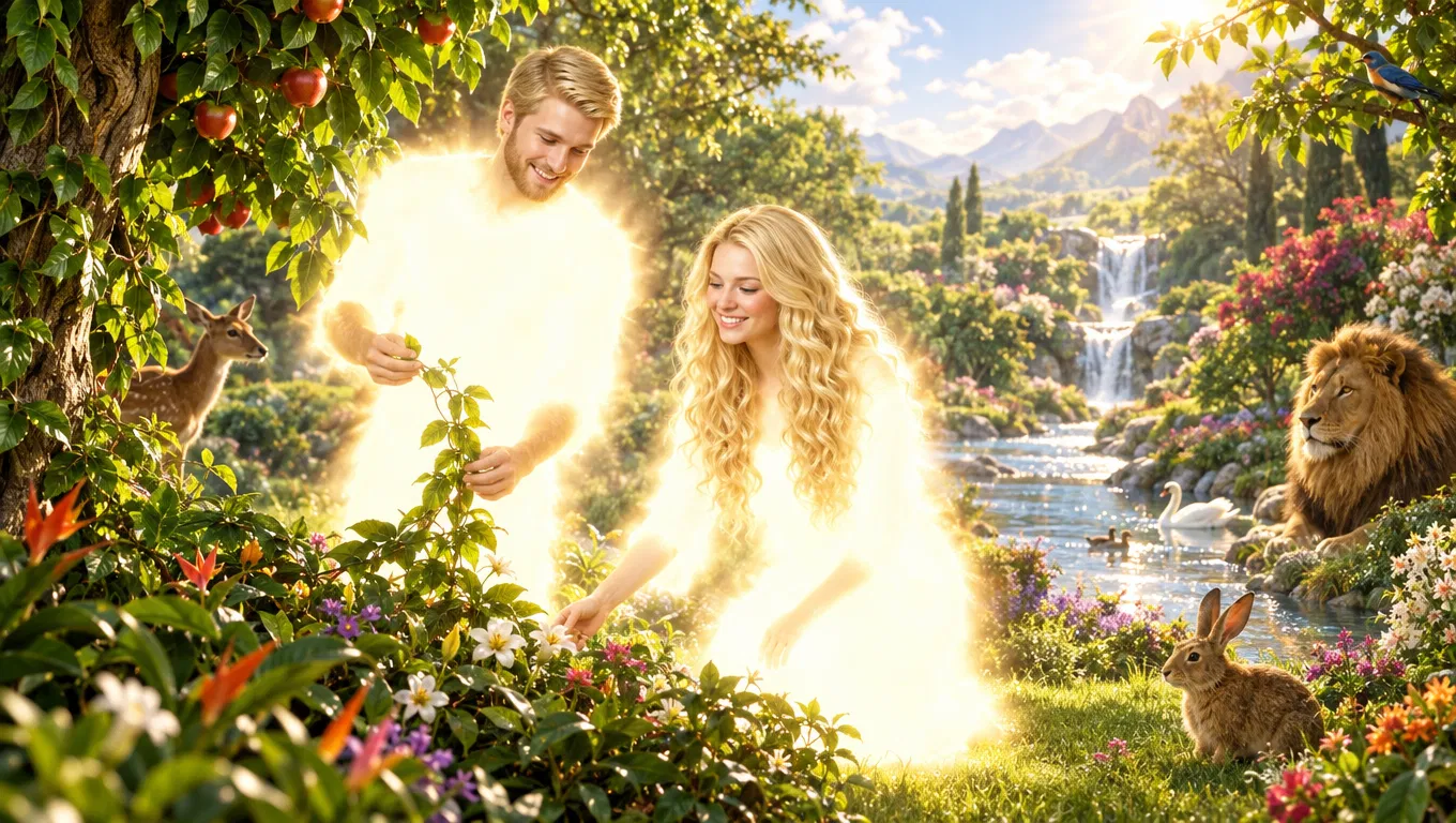 Adam and Eve Working Among the Flowers in Eden
