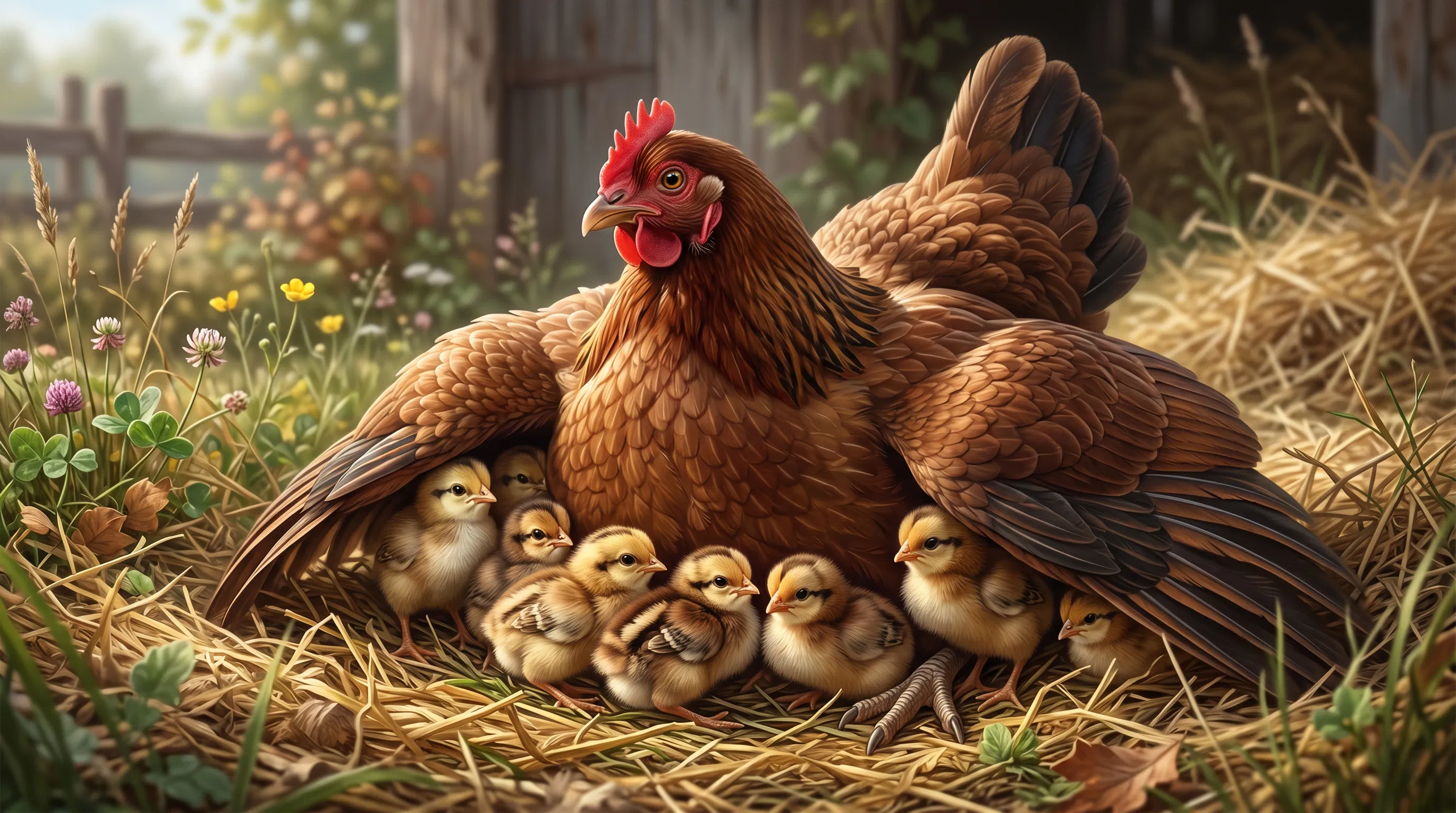 A Hen Gathering Her Chicks Under Her Wings