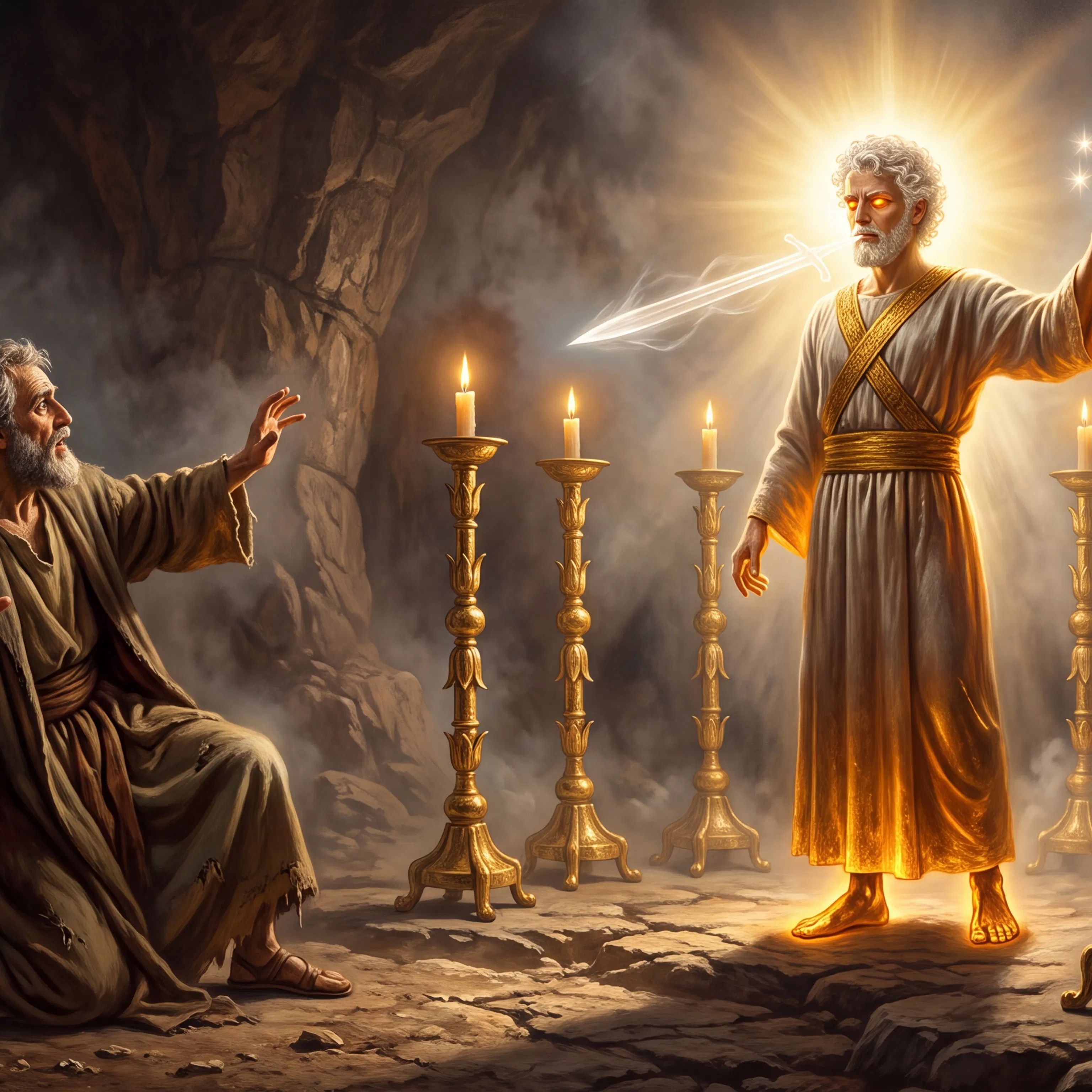 John Kneels Before Christ Among the Seven Golden Lampstands