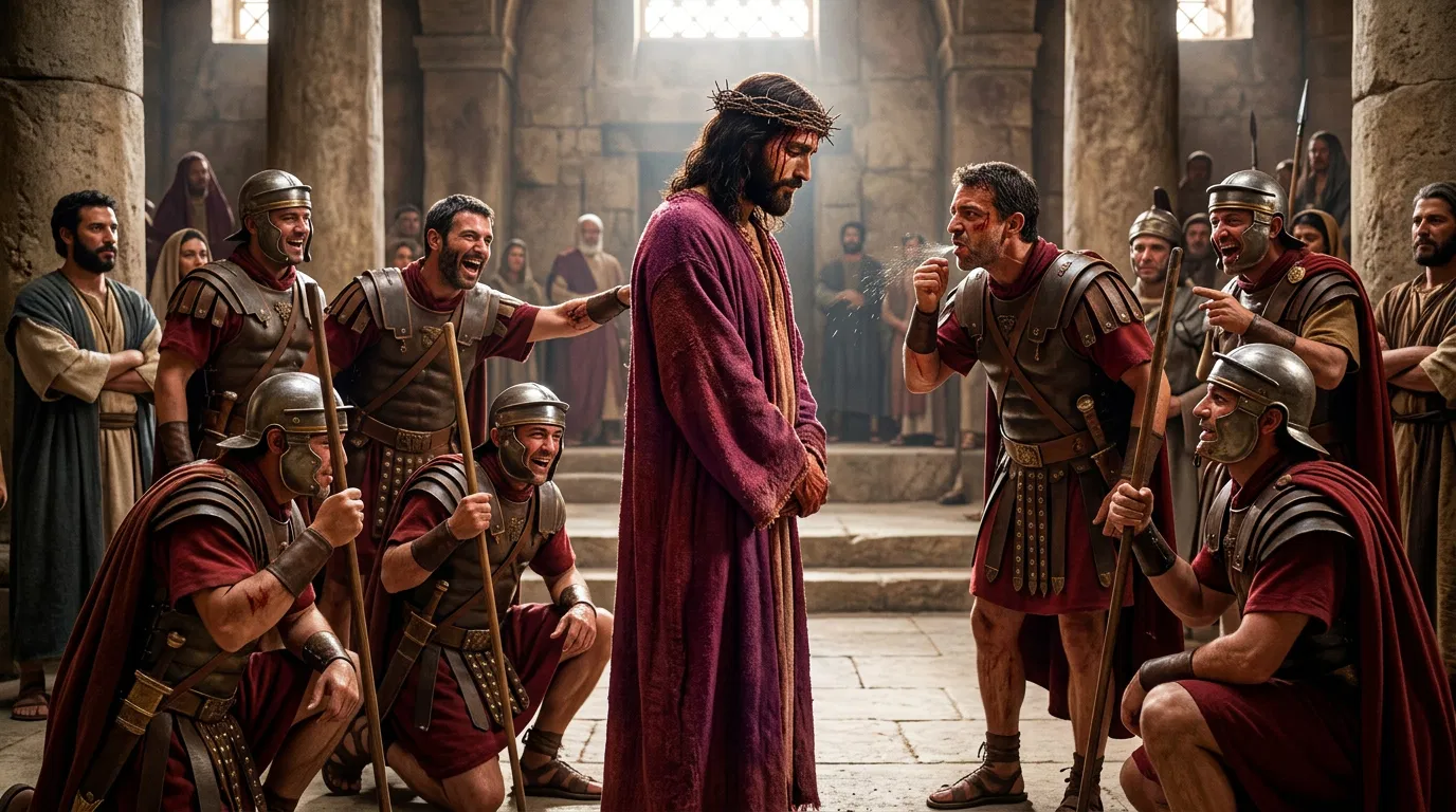 Roman Soldiers Mock Jesus in a Scarlet Robe