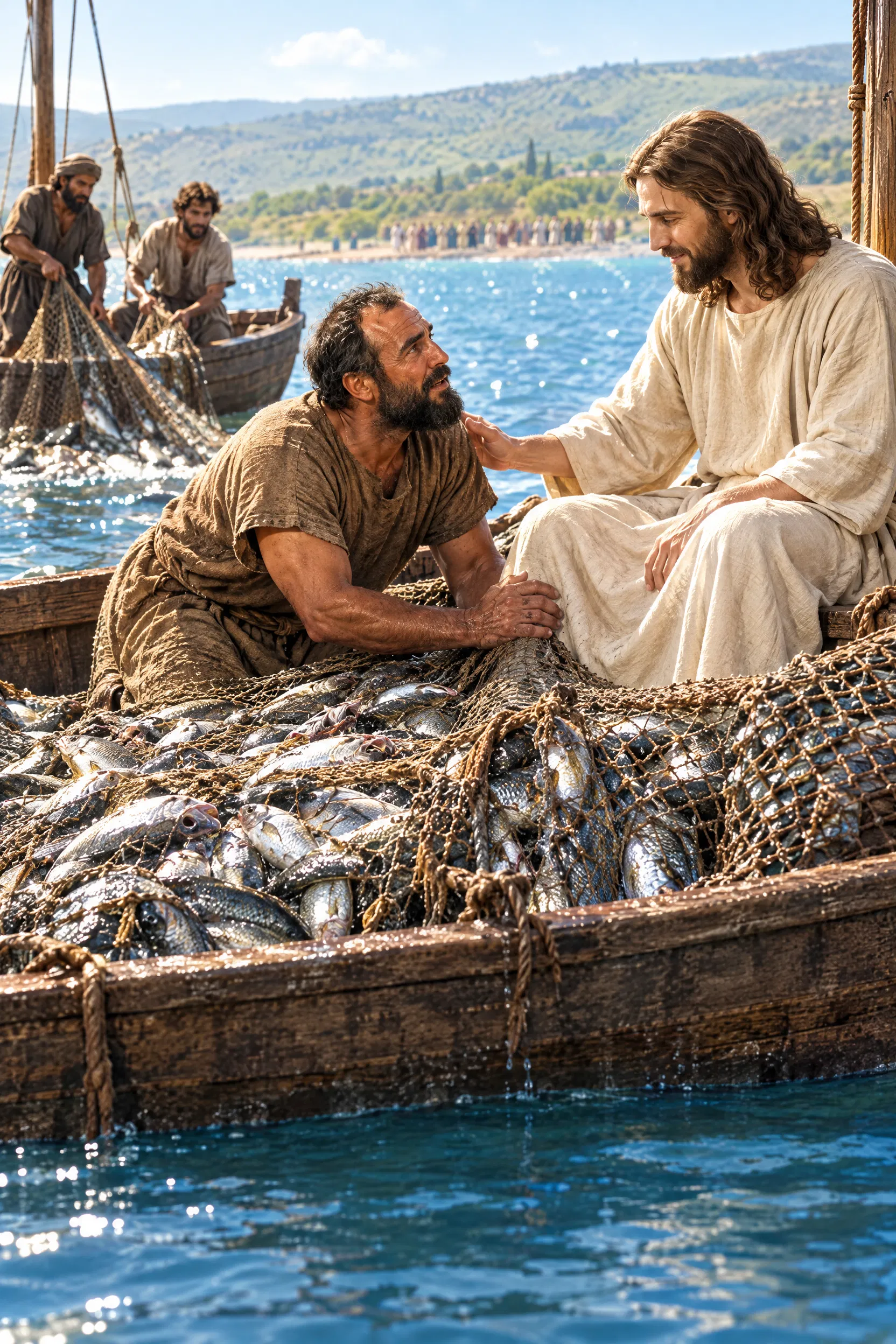 Peter Kneels Before Jesus Beside the Great Catch
