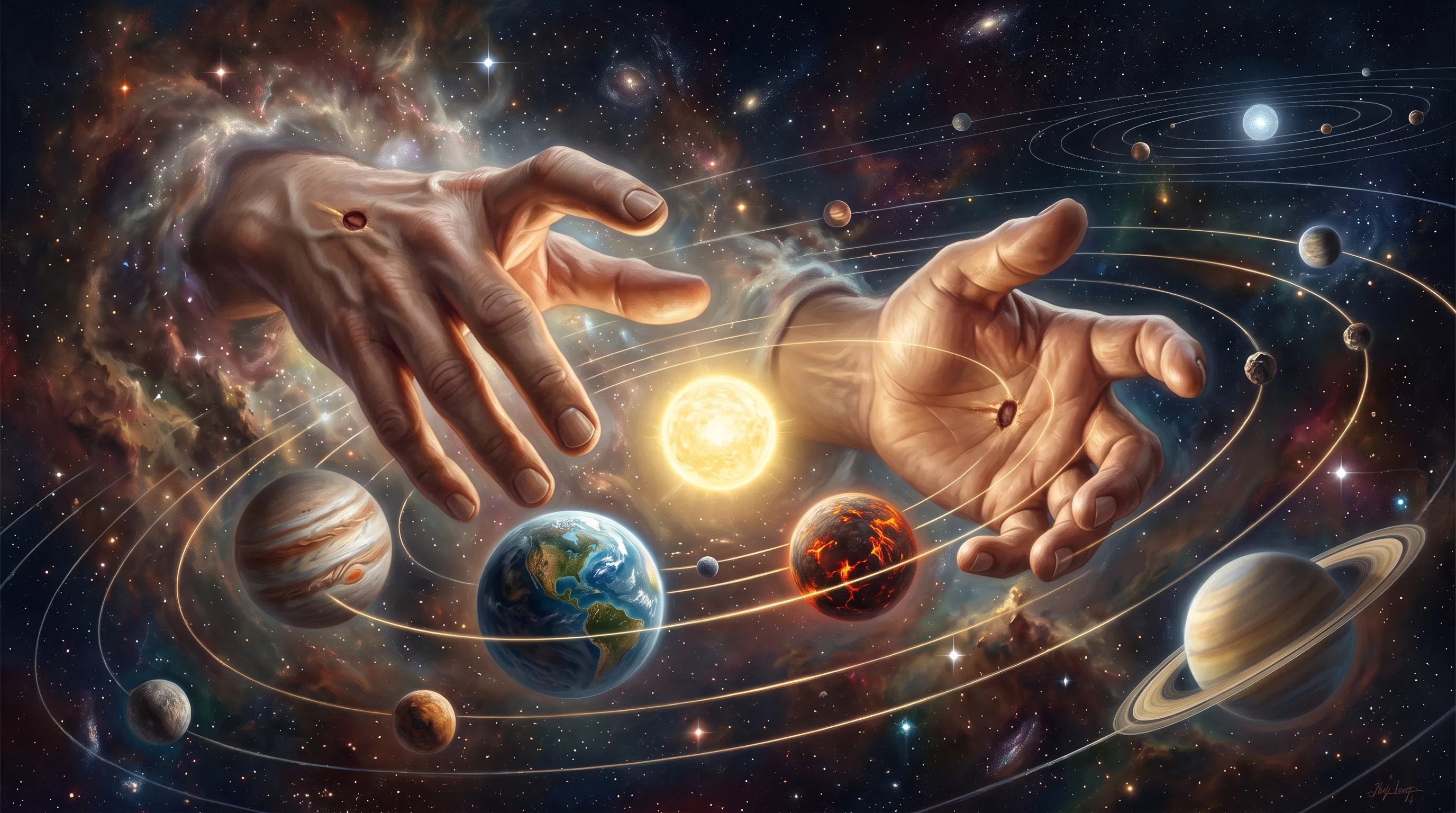 Pierced Hands Reaching Over the Planets