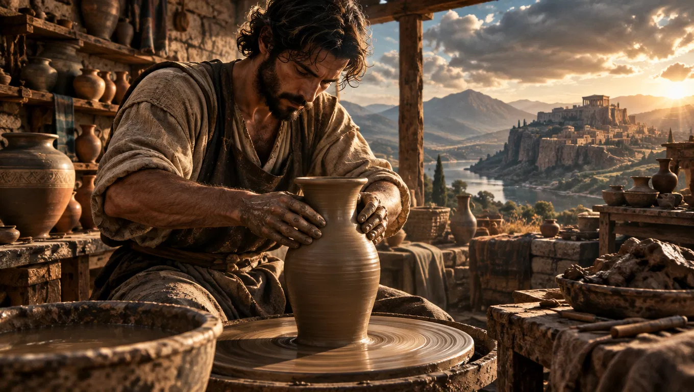 A Potter Shapes a Vase on the Wheel