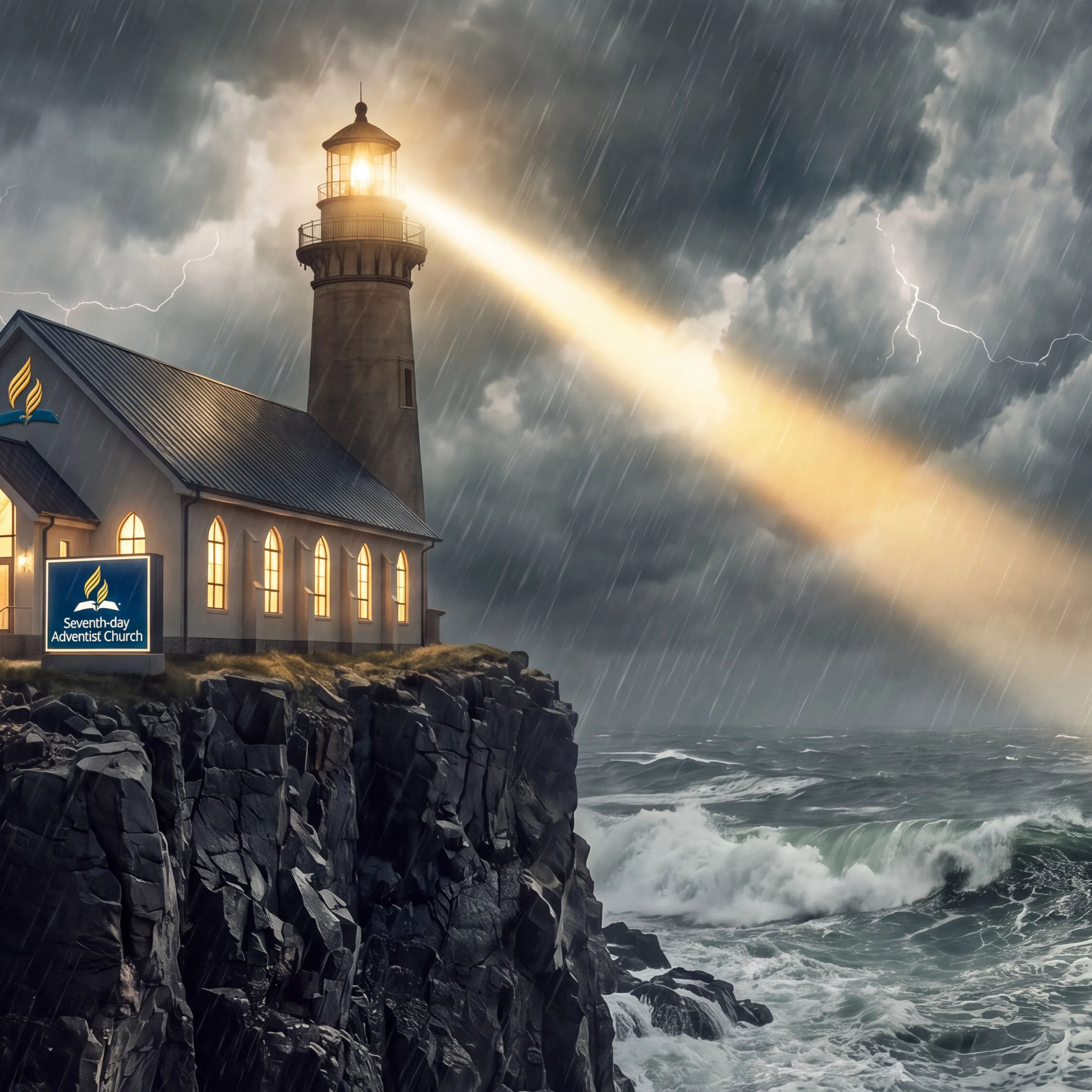 Adventist Church and Lighthouse Guiding a Ship in a Storm