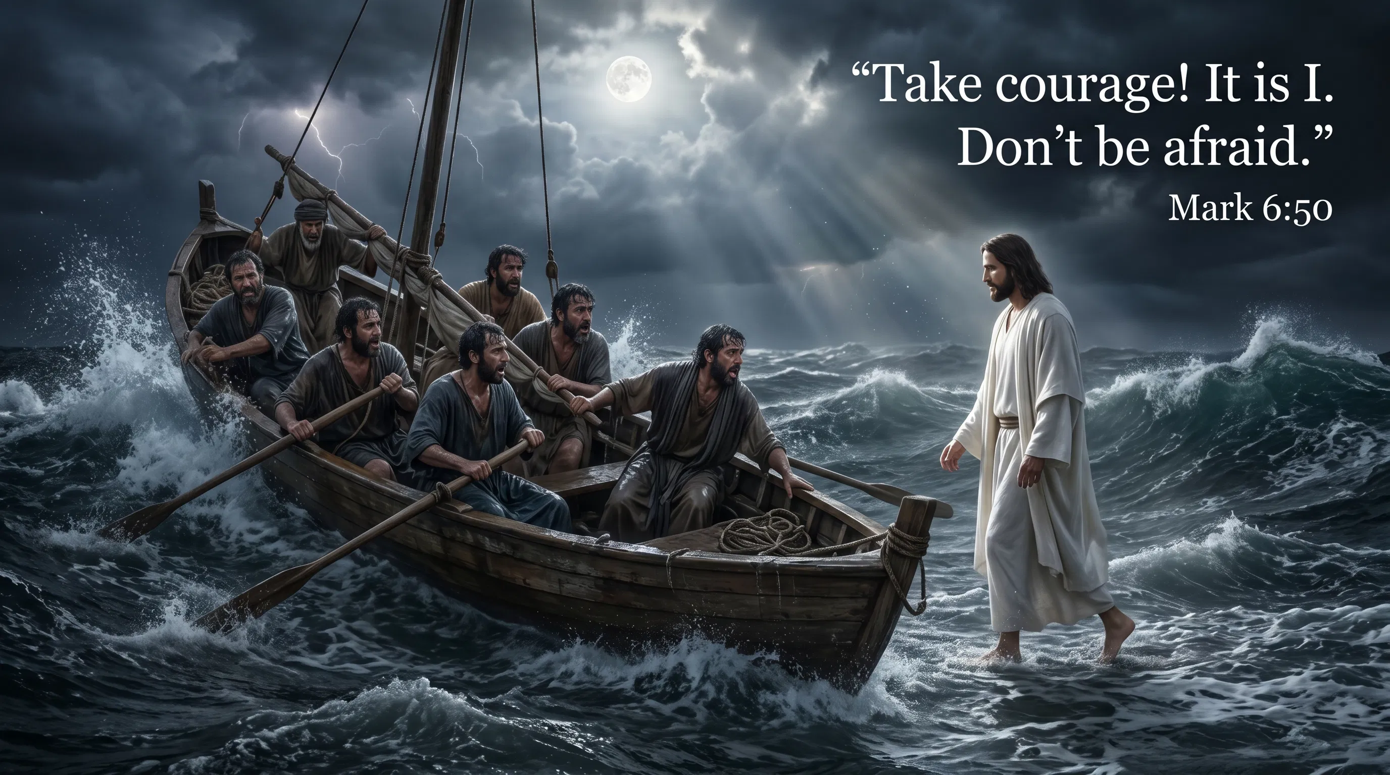 Jesus Walks on the Stormy Sea Toward the Boat