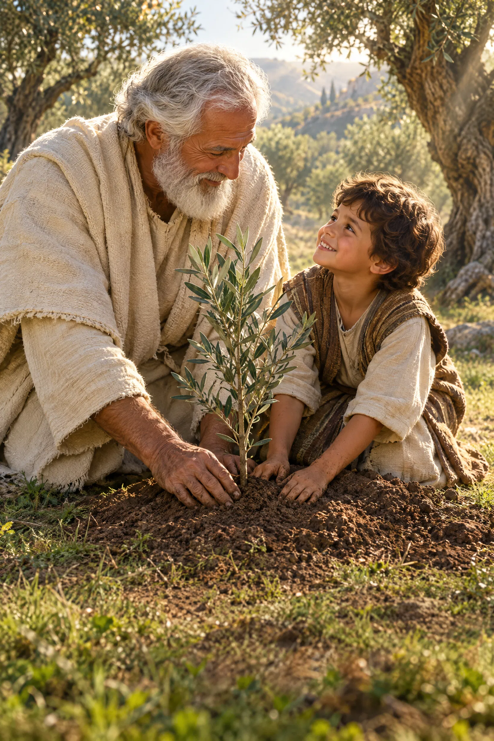 Grandfather and Grandson Plant an Olive Sapling