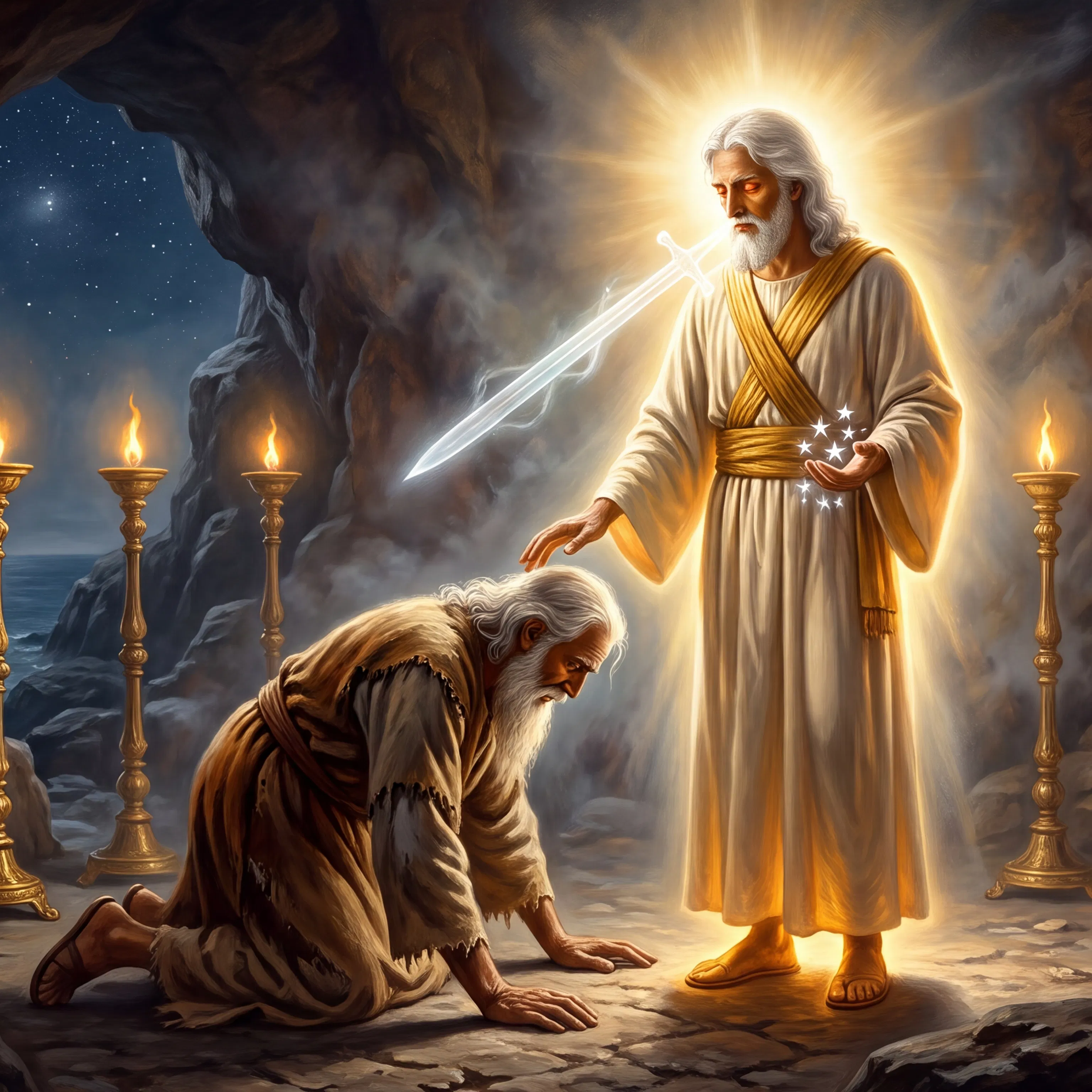 John Kneels Before the Glorified Christ and Seven Lampstands