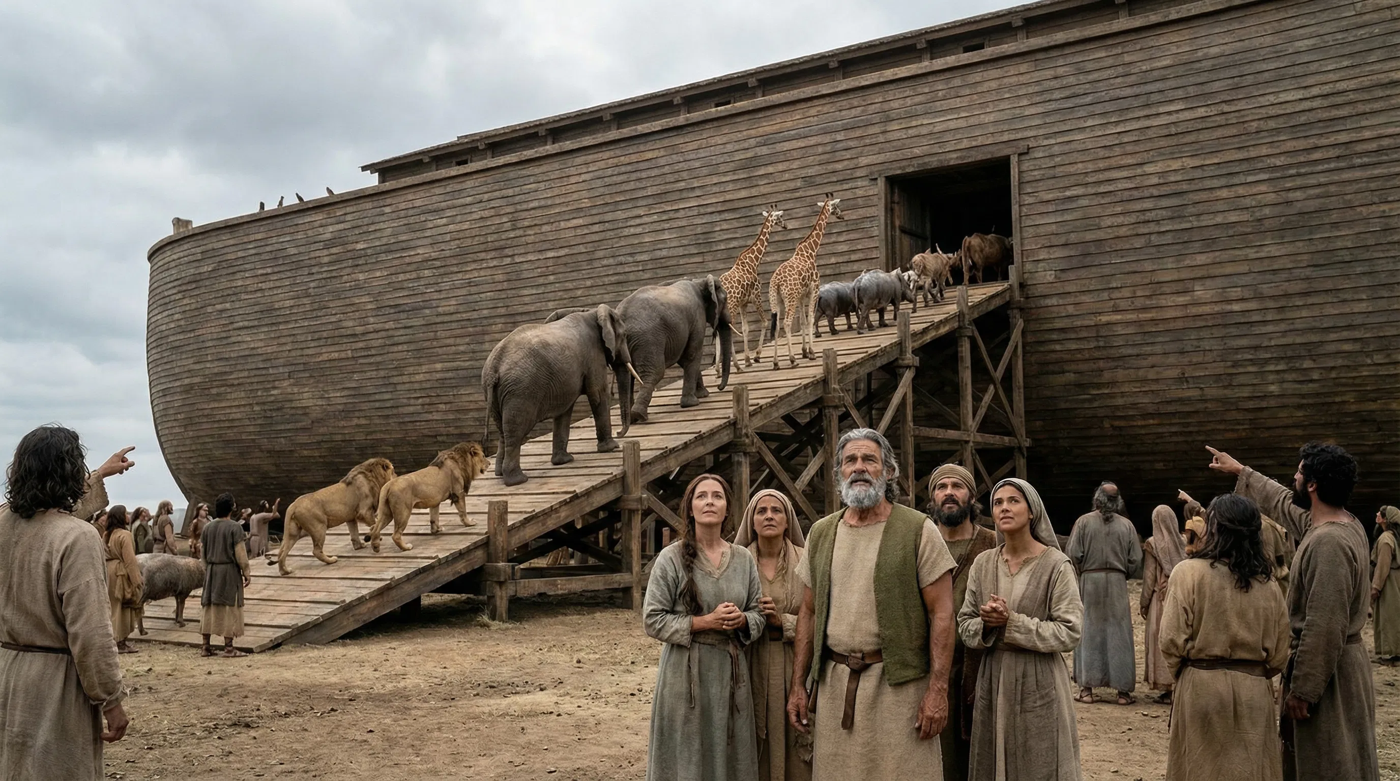 Animals Enter Noah's Ark While People Watch
