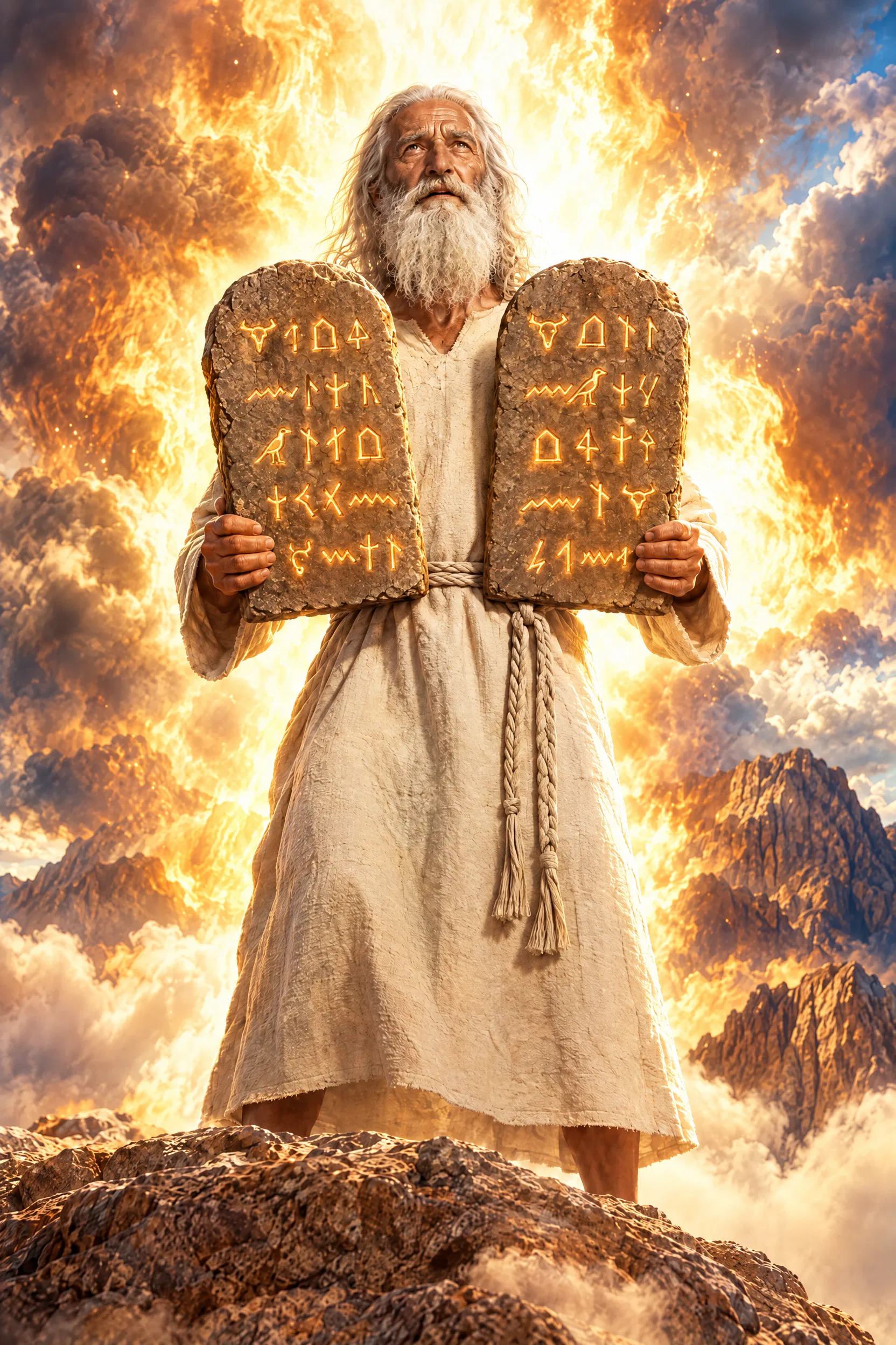 Moses Holds the Stone Tablets in Fire