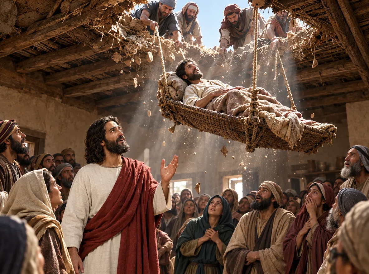 Men Lower the Paralytic Through the Roof to Jesus