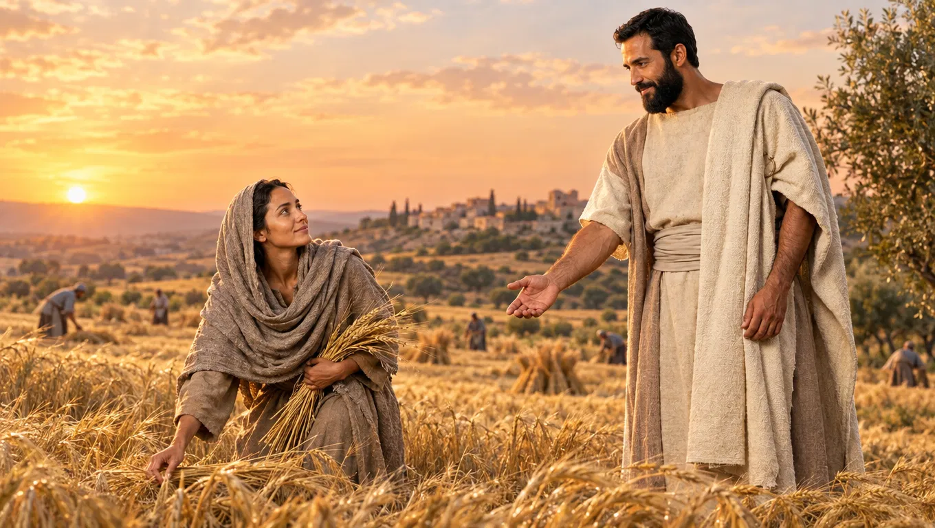 Boaz Welcomes Ruth Gleaning in the Field