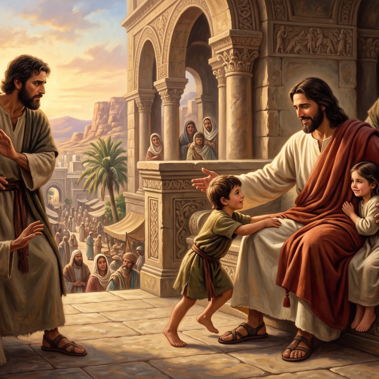Jesus Welcoming Little Children While Men Object