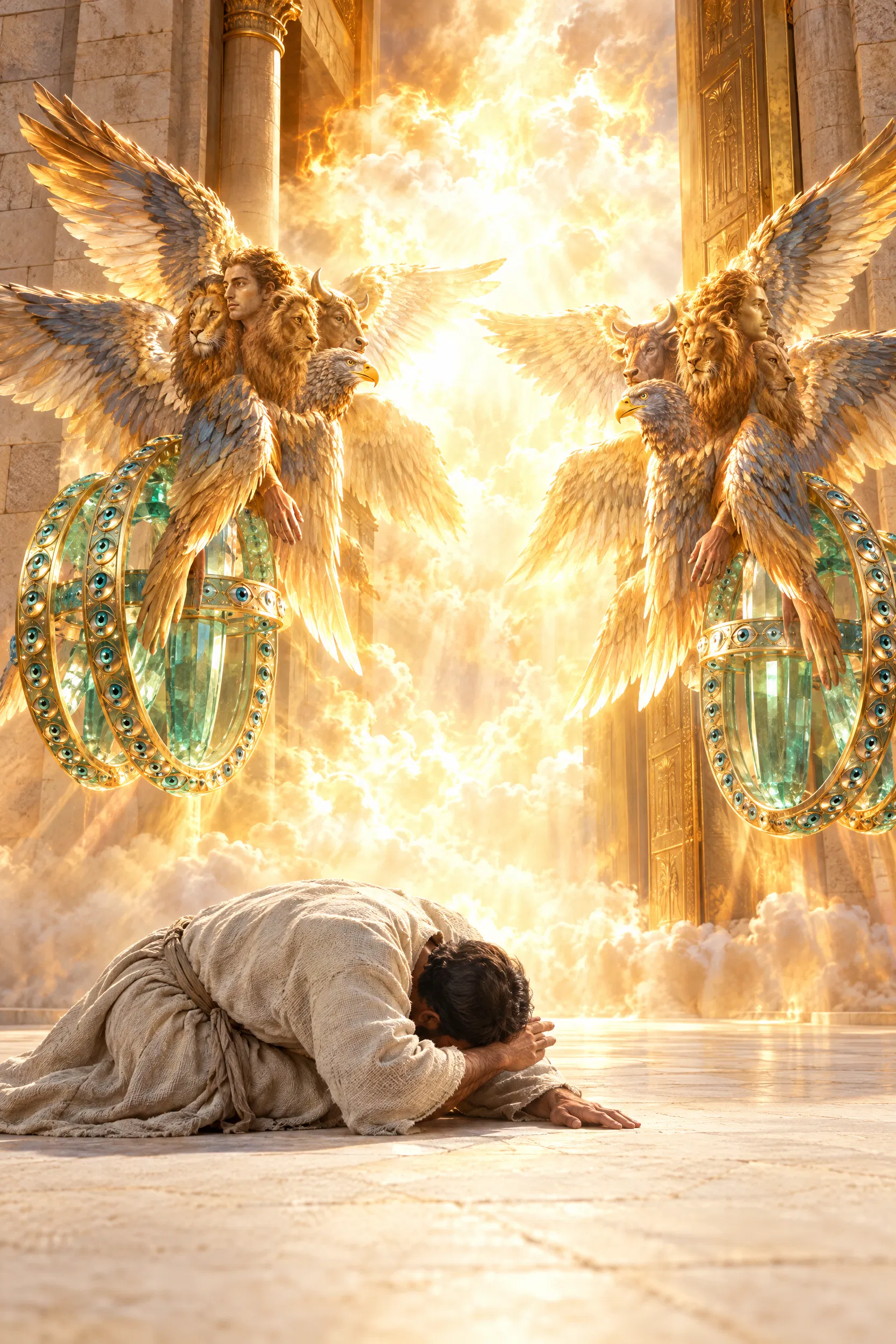 Ezekiel Bows Before the Cherubim and Wheels