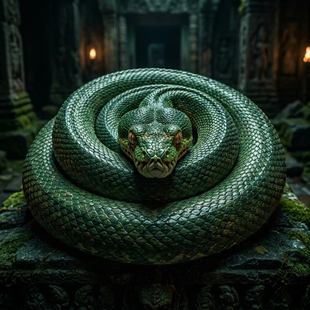 Green Serpent Coiled on a Stone in a Dark Temple
