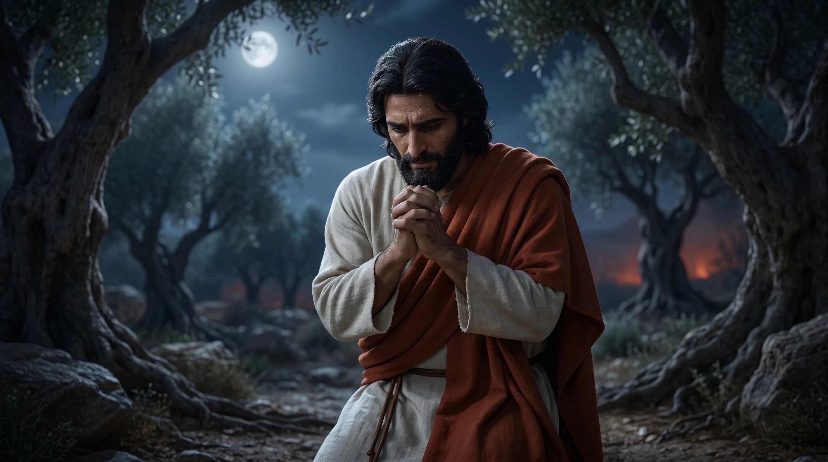 Jesus Prays in Gethsemane at Night