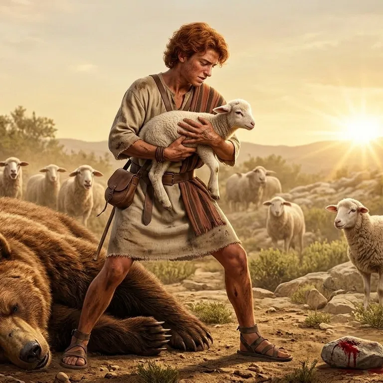 David Carries a Rescued Lamb Beside a Dead Bear