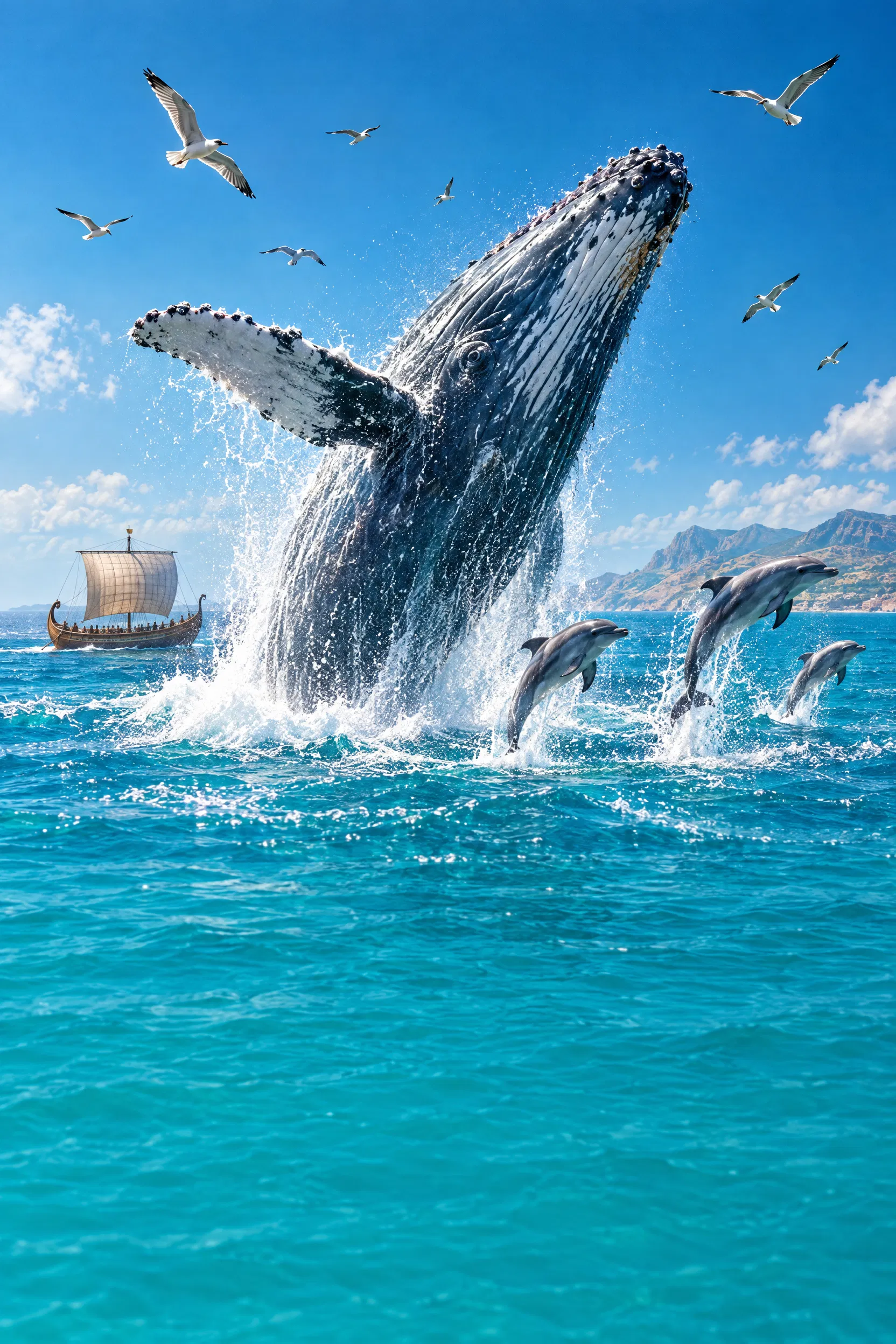 A Whale Breaches Beside a Sailing Ship