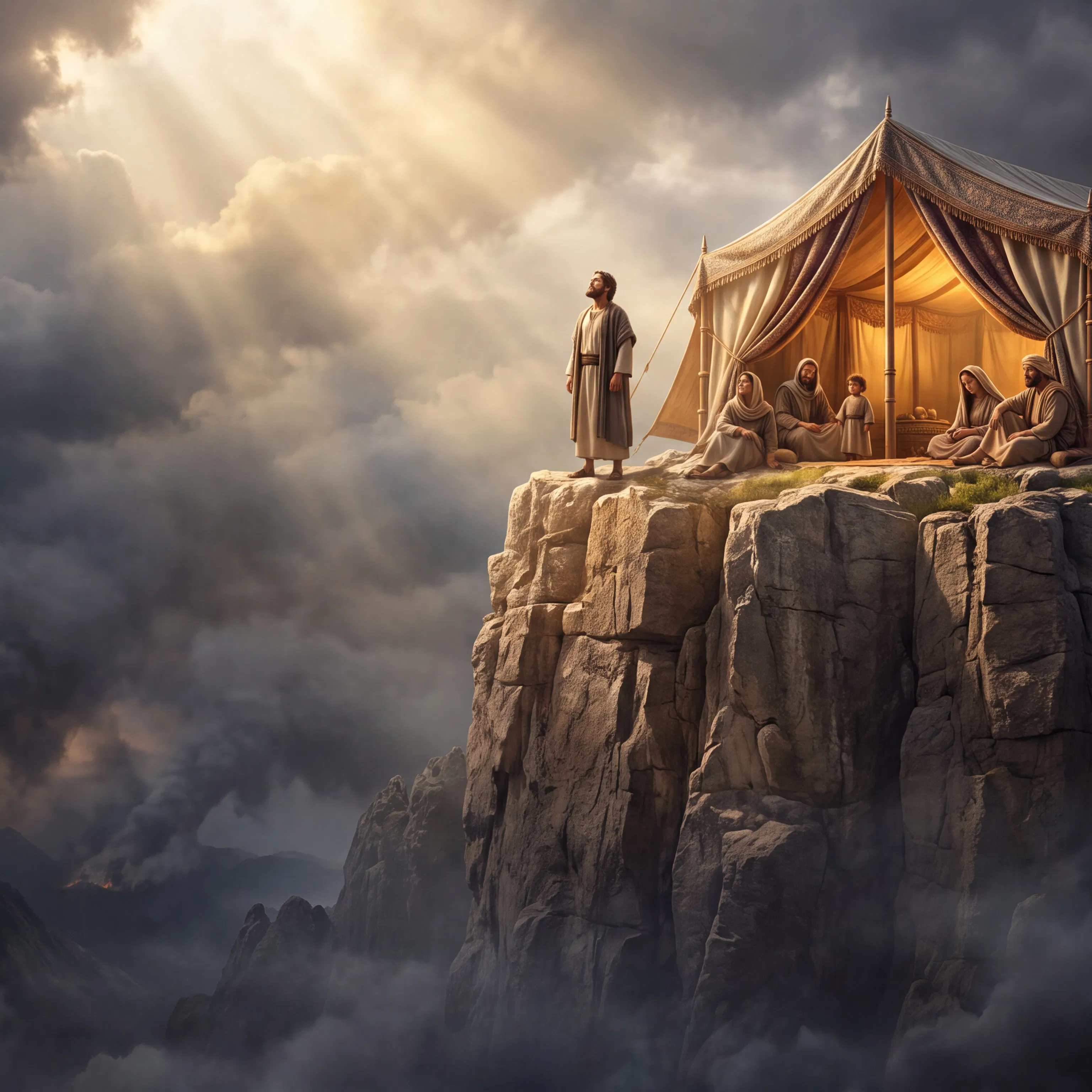Family Sheltered in a Tent on a Rocky Cliff