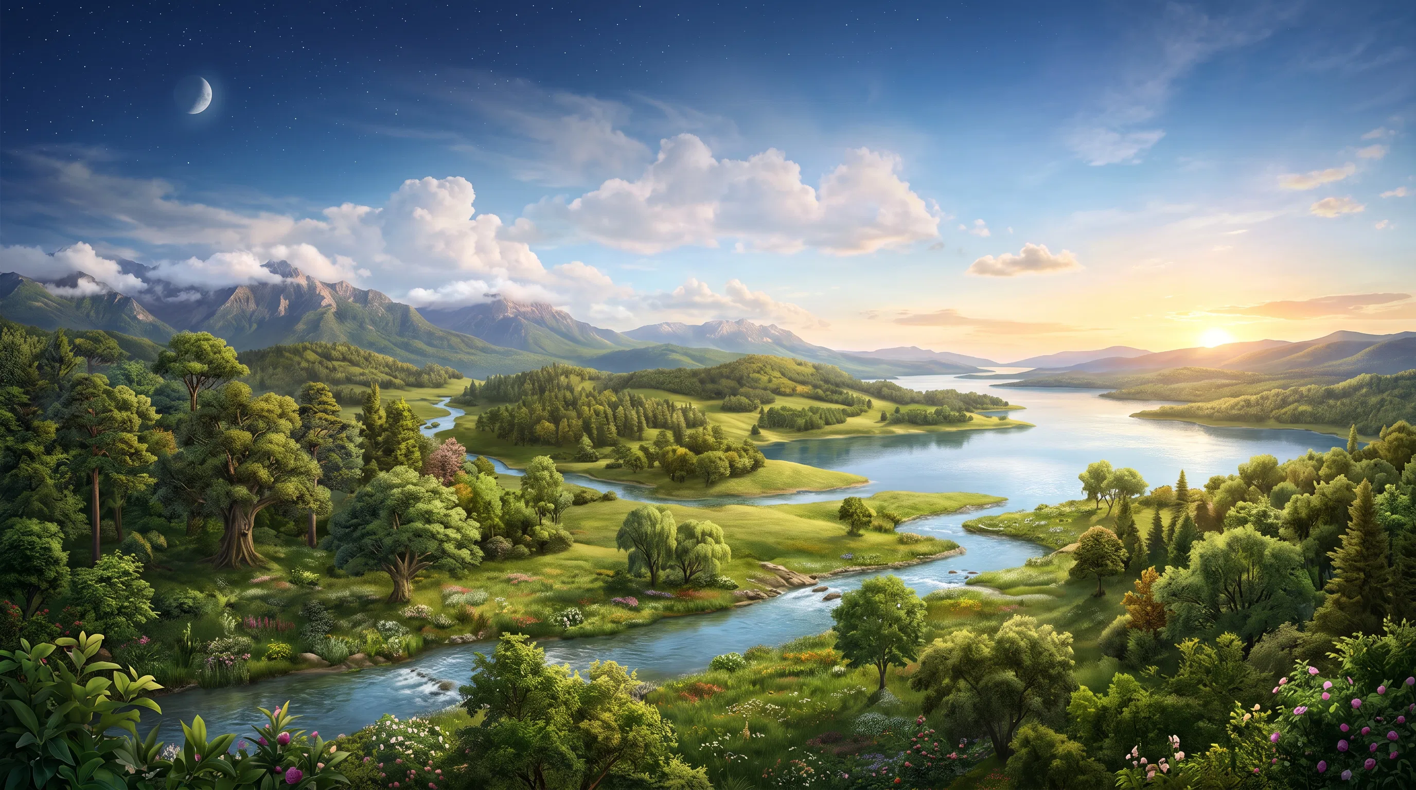Eden Landscape at Dusk with River and Mountains