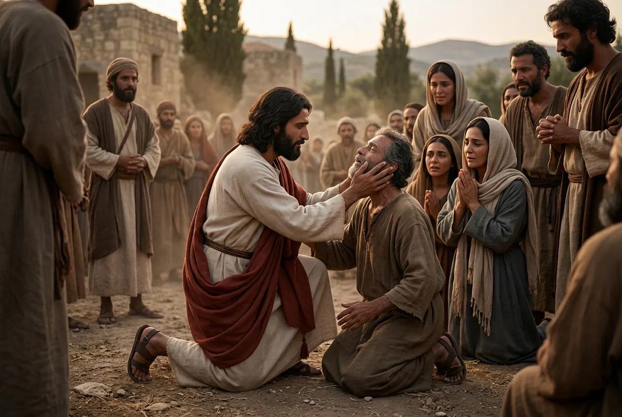Jesus Healing a Kneeling Man Before a Crowd