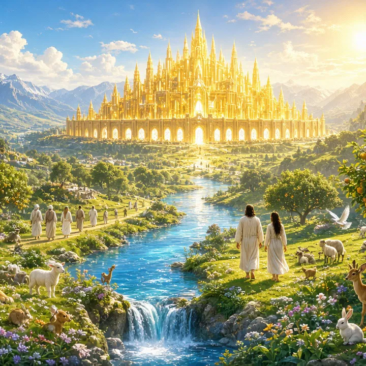 The Golden City Above a River and Peaceful Animals