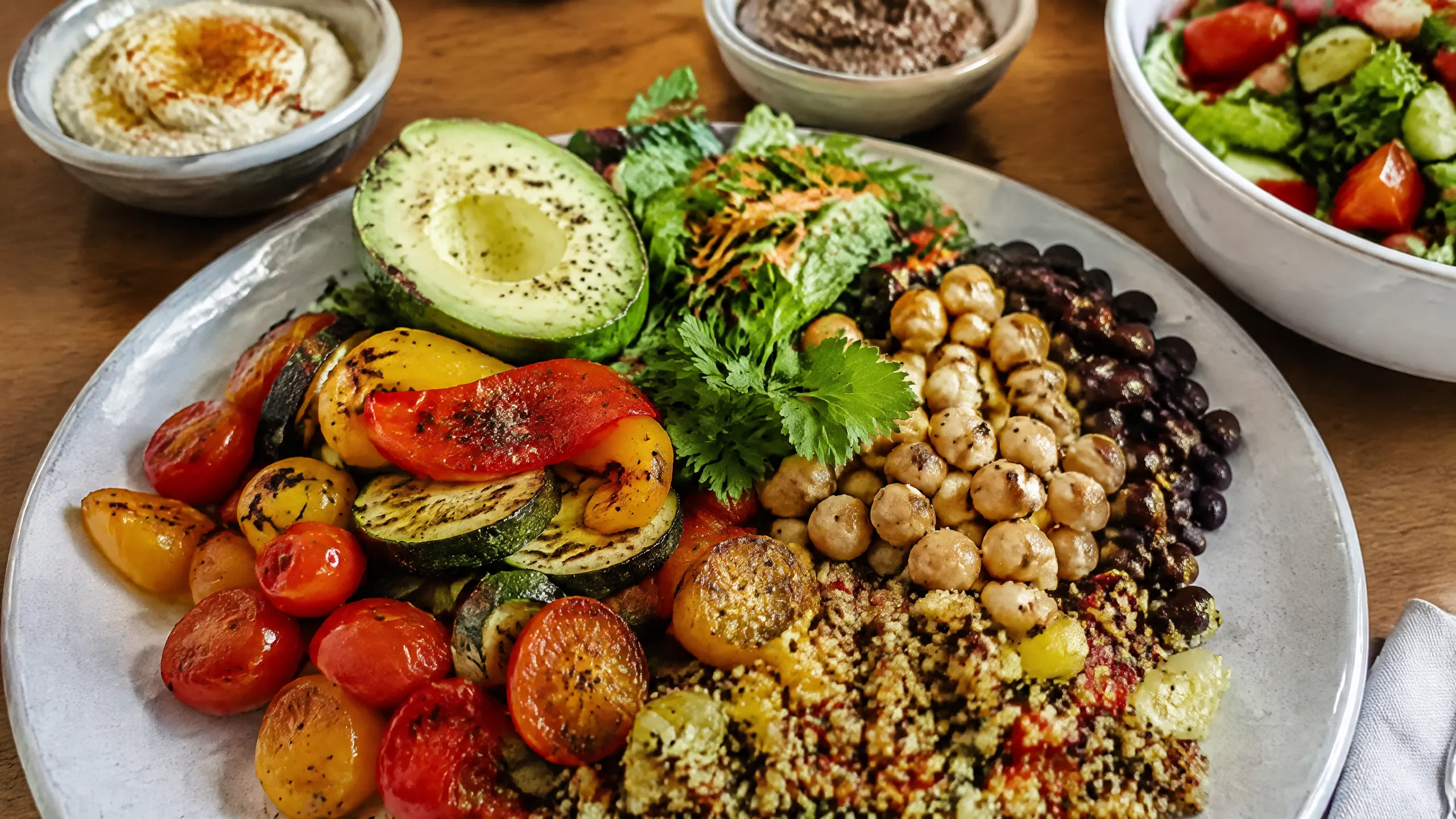 Plate of Vegetables, Chickpeas and Hummus