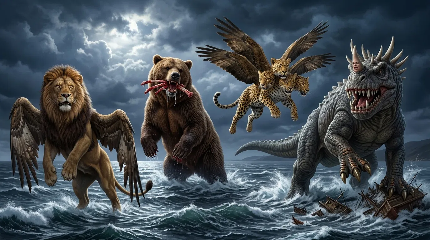 The Four Beasts of Daniel Rising from the Sea
